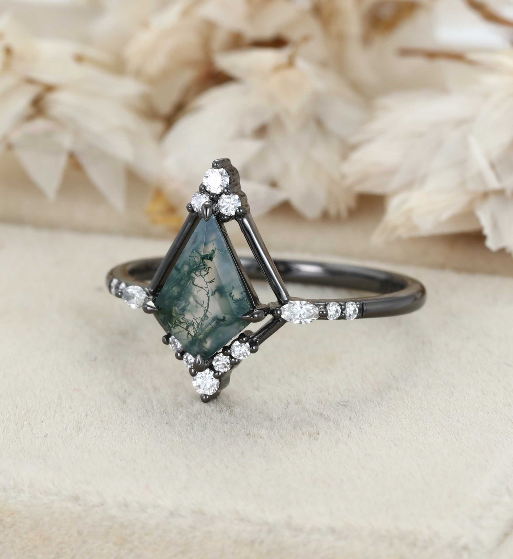 Kite Cut Moss Agate Black Gold Ring Natural Moss Agate Engagement Ring Marquise Diamonds Ring
