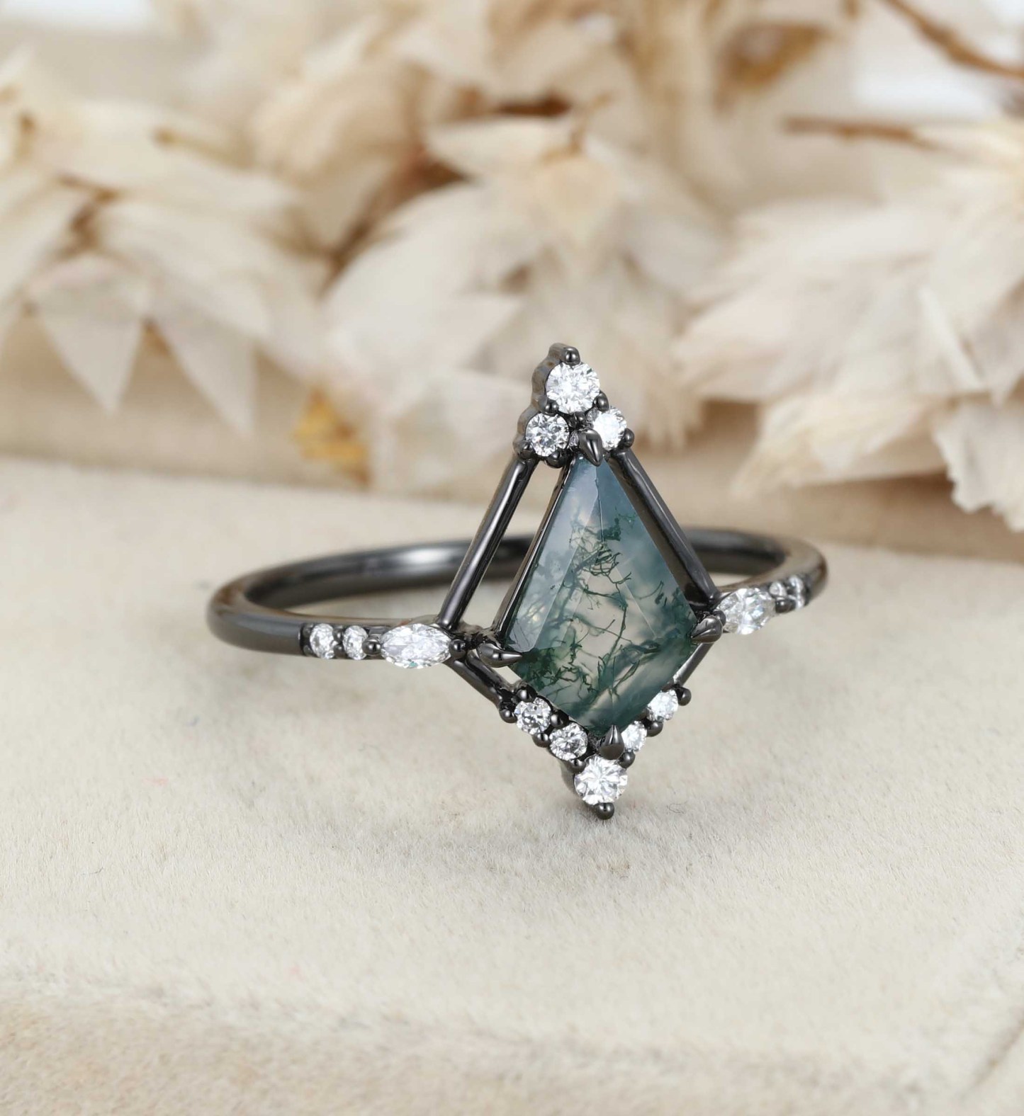 Kite Cut Moss Agate Black Gold Ring Natural Moss Agate Engagement Ring Marquise Diamonds Ring