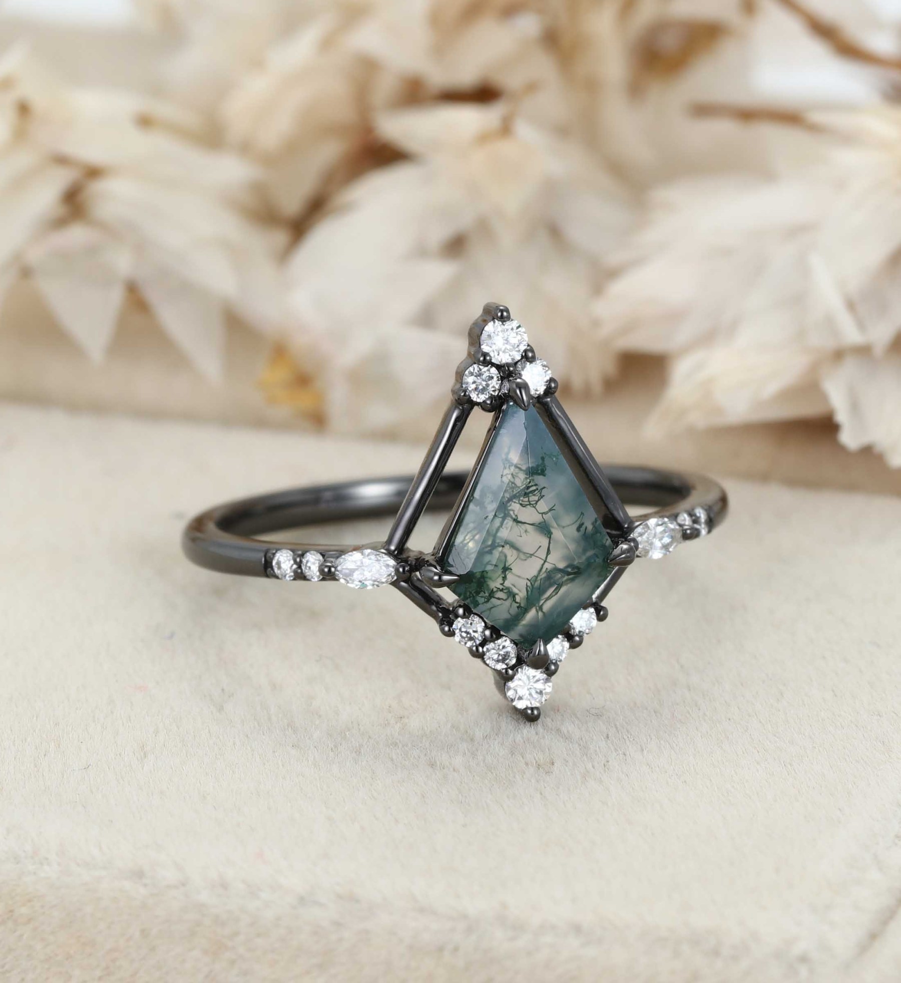 Kite Cut Moss Agate Black Gold Ring Natural Moss Agate Engagement Ring Marquise Diamonds Ring