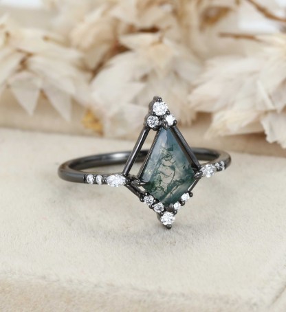 Kite Cut Moss Agate Black Gold Ring Natural Moss Agate Engagement Ring Marquise Diamonds Ring