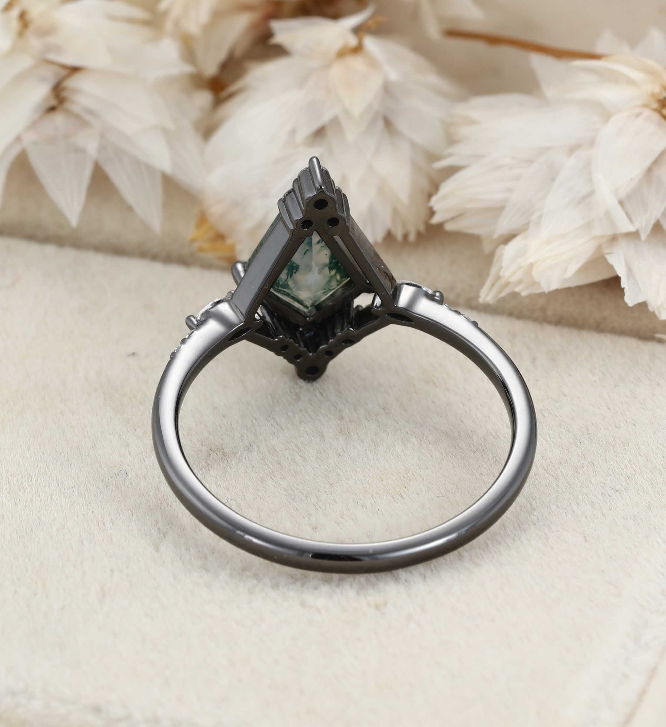 Kite Cut Moss Agate Black Gold Ring Natural Moss Agate Engagement Ring Marquise Diamonds Ring