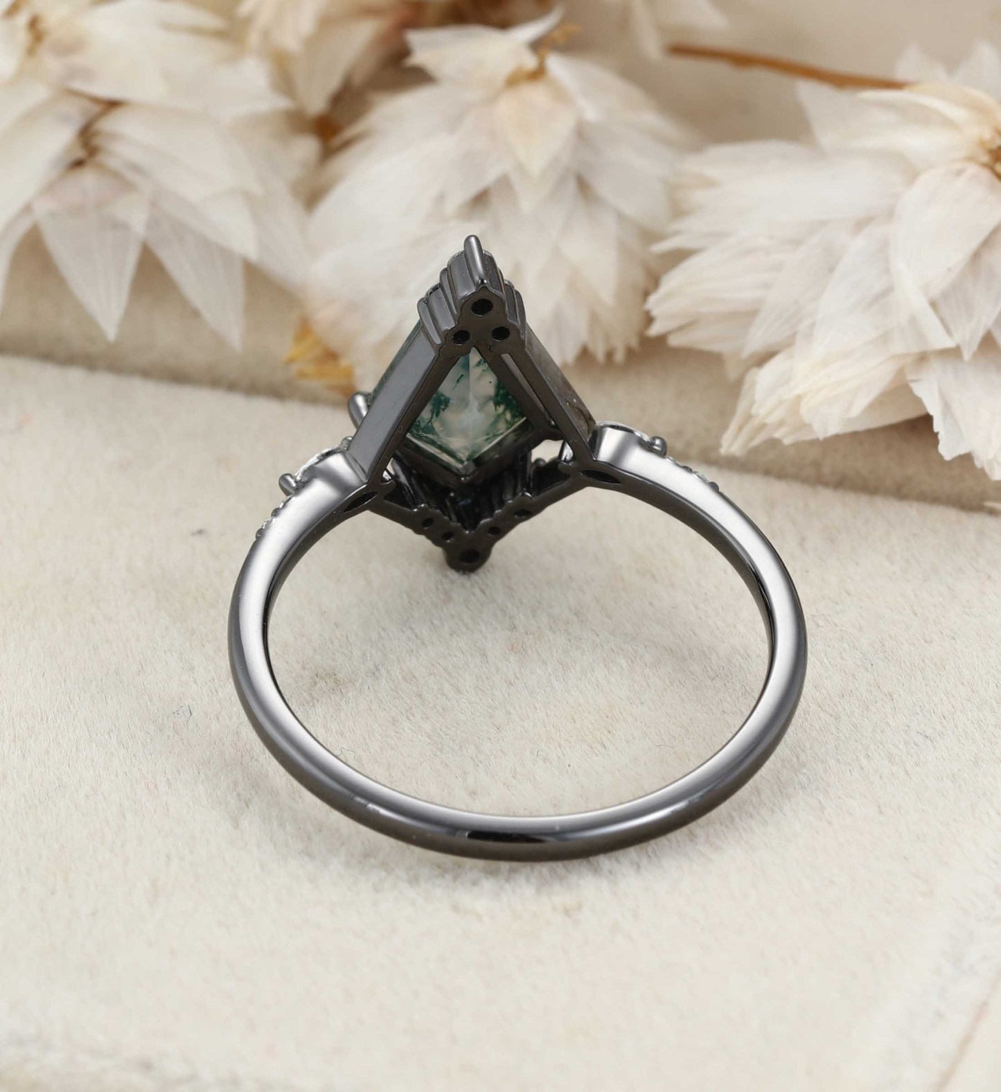 Kite Cut Moss Agate Black Gold Ring Natural Moss Agate Engagement Ring Marquise Diamonds Ring