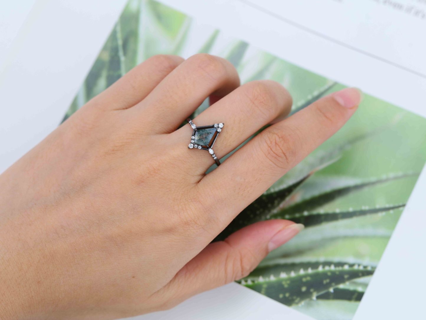 Kite Cut Moss Agate Black Gold Ring Natural Moss Agate Engagement Ring Marquise Diamonds Ring