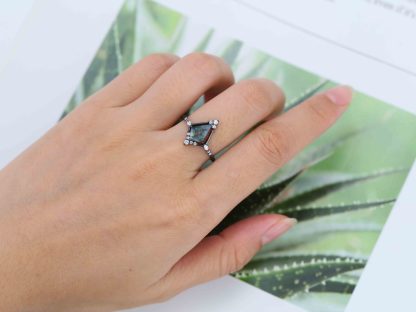 Kite Cut Moss Agate Black Gold Ring Natural Moss Agate Engagement Ring Marquise Diamonds Ring