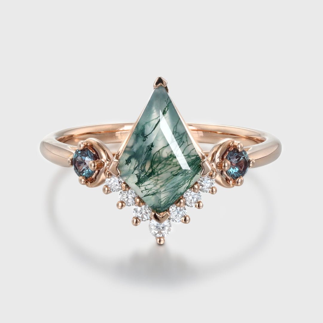 Kite Cut Moss Agate Engagement Ring Alexandrite Engagement Ring Vintage Solid Rose Gold Bridal Ring For Women Art Deco Anniversary gift Ring