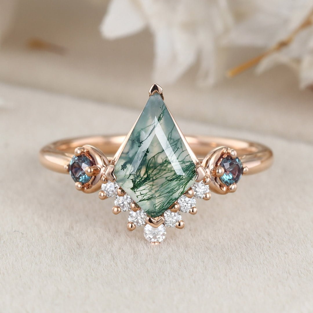 Kite Cut Moss Agate Engagement Ring Alexandrite Engagement Ring Vintage Solid Rose Gold Bridal Ring For Women Art Deco Anniversary gift Ring