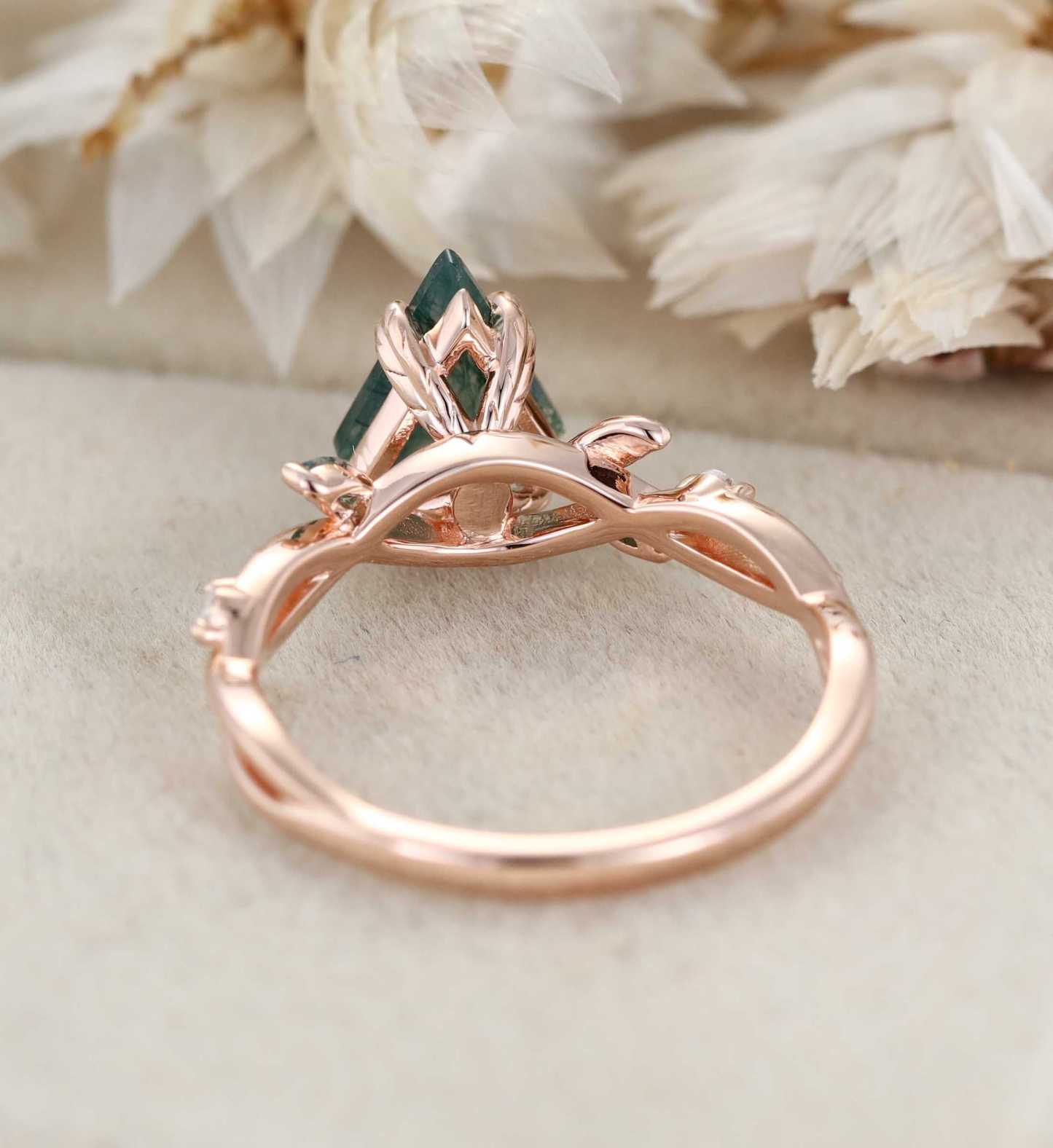 Kite Cut Moss Agate Engagement Ring Leaf Twist Marquise Diamond Rose Gold Band Bridal Promise Anniversary Gift For Her