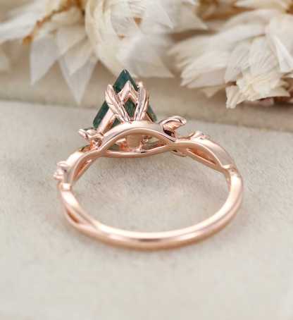 Kite Cut Moss Agate Engagement Ring Leaf Twist Marquise Diamond Rose Gold Band Bridal Promise Anniversary Gift For Her
