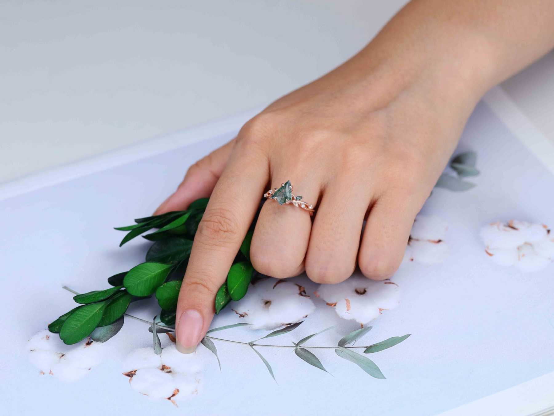 Kite Cut Moss Agate Engagement Ring Leaf Twist Marquise Diamond Rose Gold Band Bridal Promise Anniversary Gift For Her