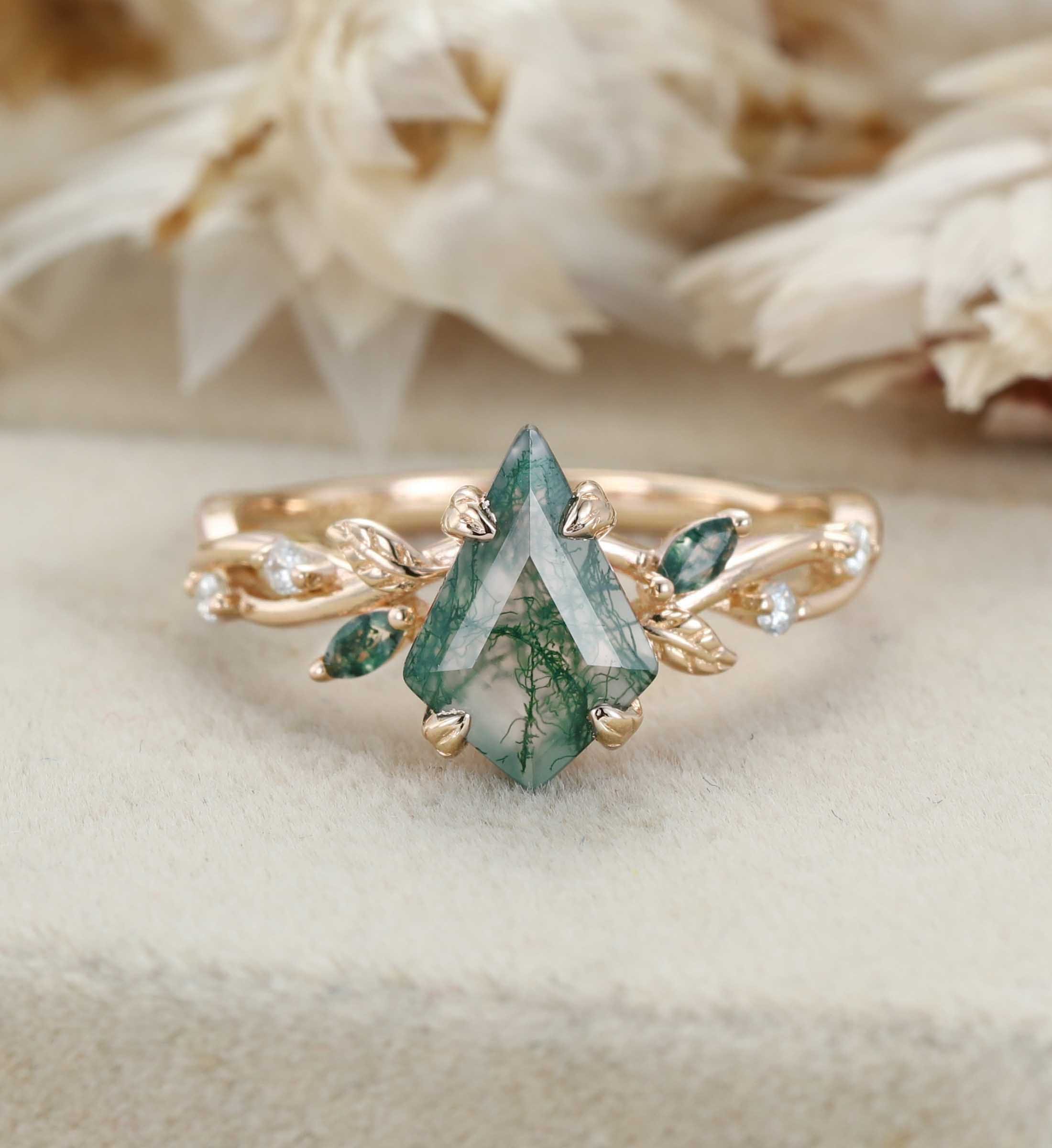 Kite Cut Moss Agate Engagement Ring Leaf Twist Marquise Diamond Rose Gold Band Bridal Promise Anniversary Gift For Her