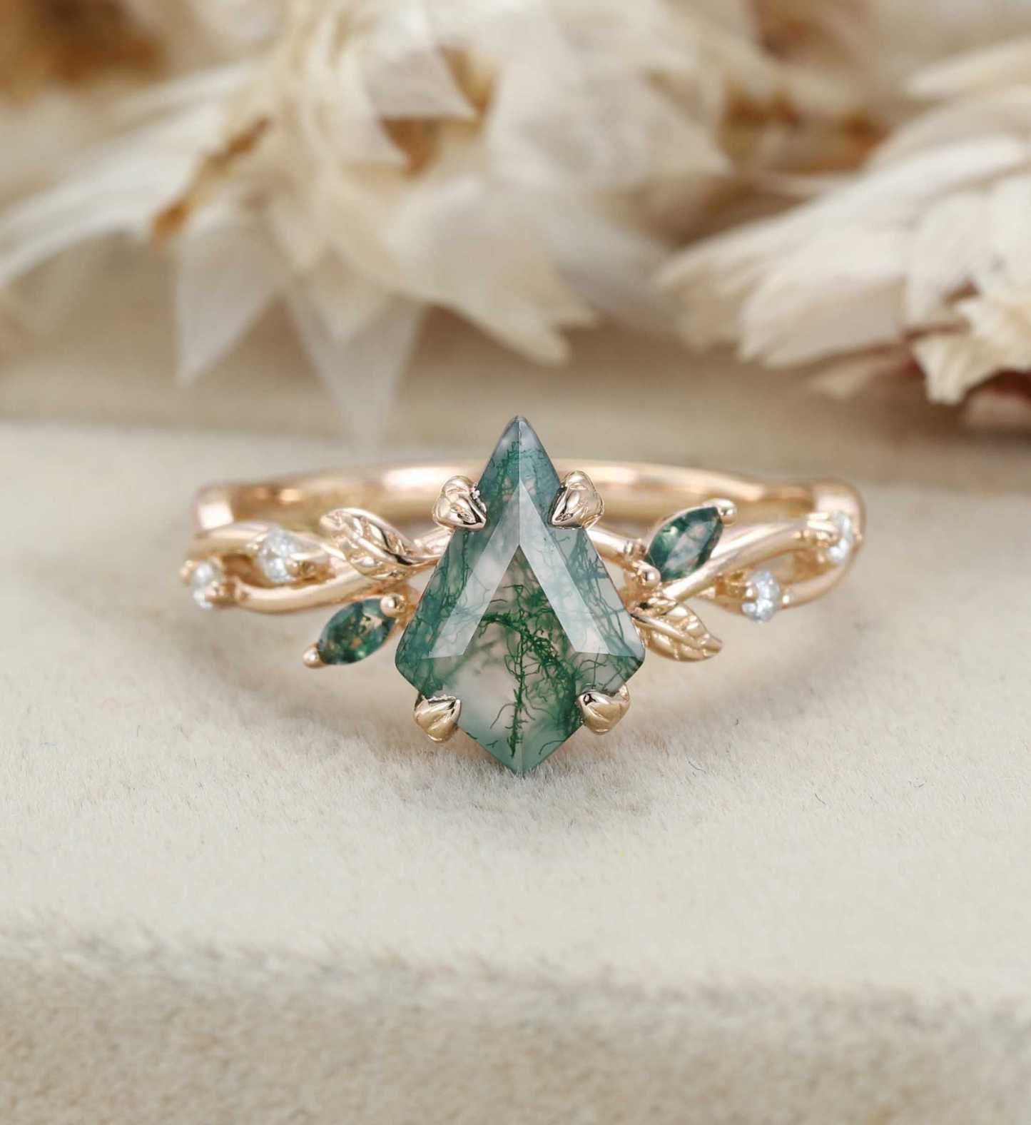 Kite Cut Moss Agate Engagement Ring Leaf Twist Marquise Diamond Rose Gold Band Bridal Promise Anniversary Gift For Her