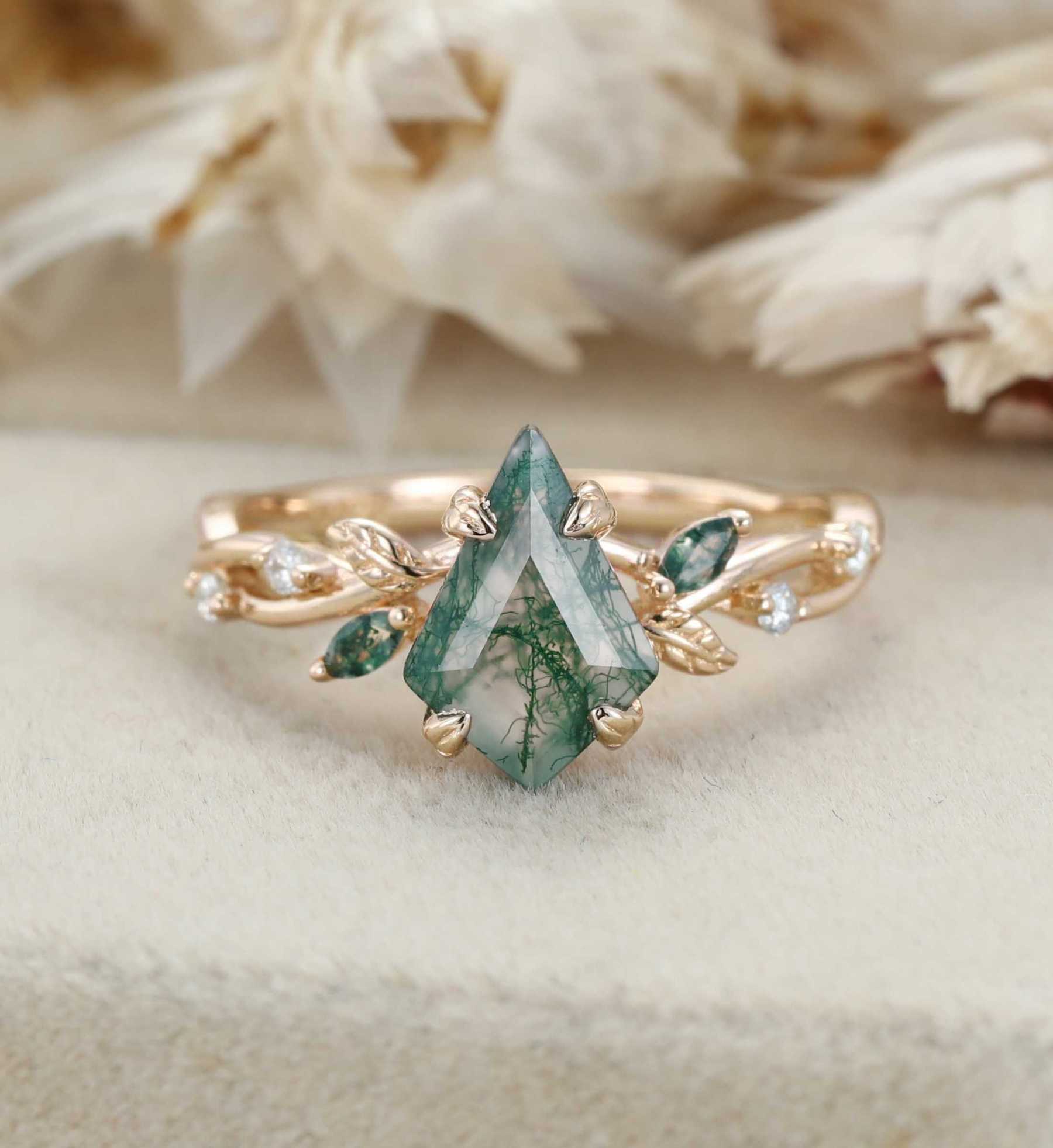 Kite Cut Moss Agate Engagement Ring Leaf Twist Marquise Diamond Rose Gold Band Bridal Promise Anniversary Gift For Her