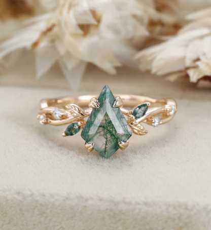 Kite Cut Moss Agate Engagement Ring Leaf Twist Marquise Diamond Rose Gold Band Bridal Promise Anniversary Gift For Her
