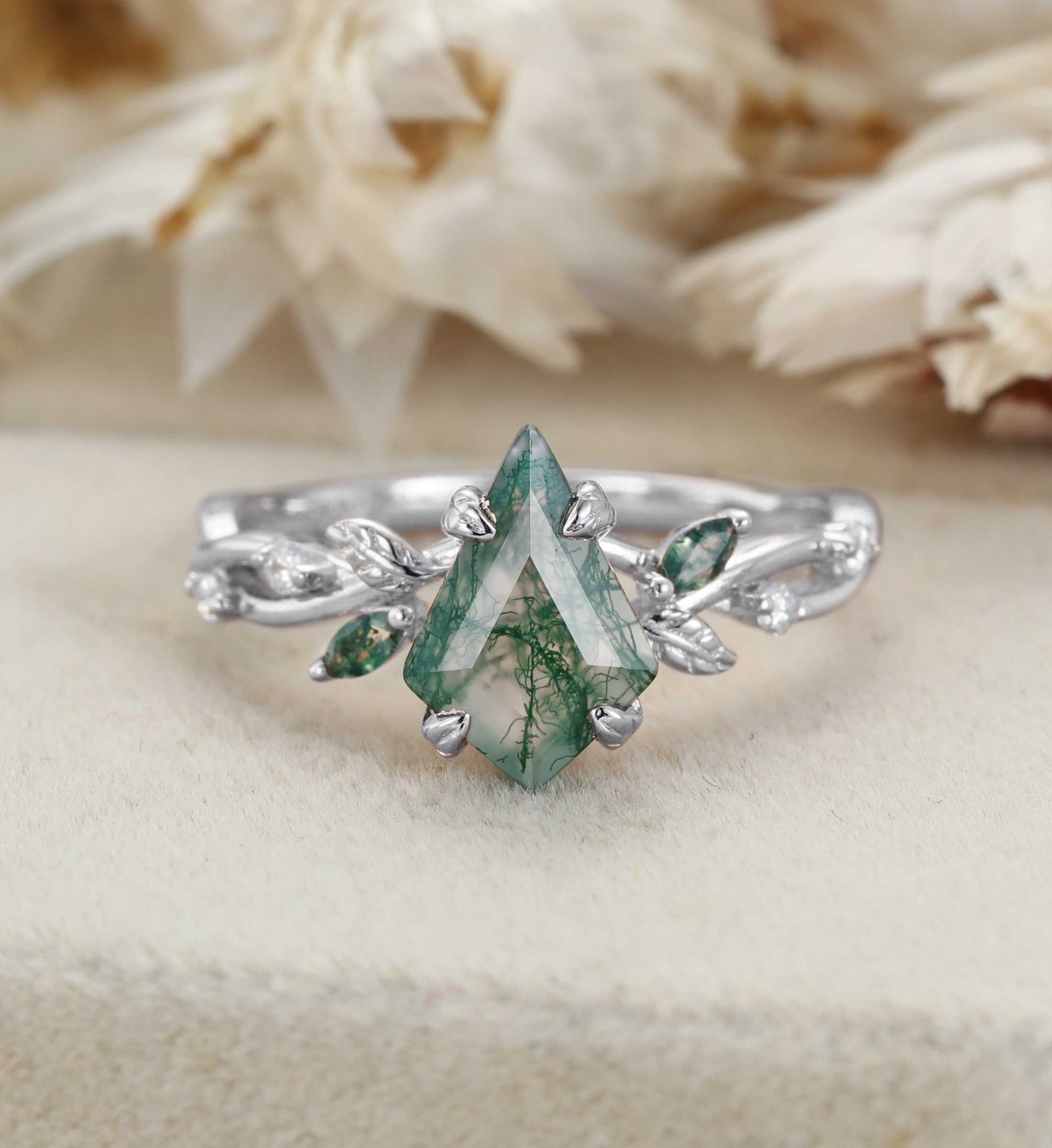 Kite Cut Moss Agate Engagement Ring Leaf Twist Marquise Diamond Rose Gold Band Bridal Promise Anniversary Gift For Her