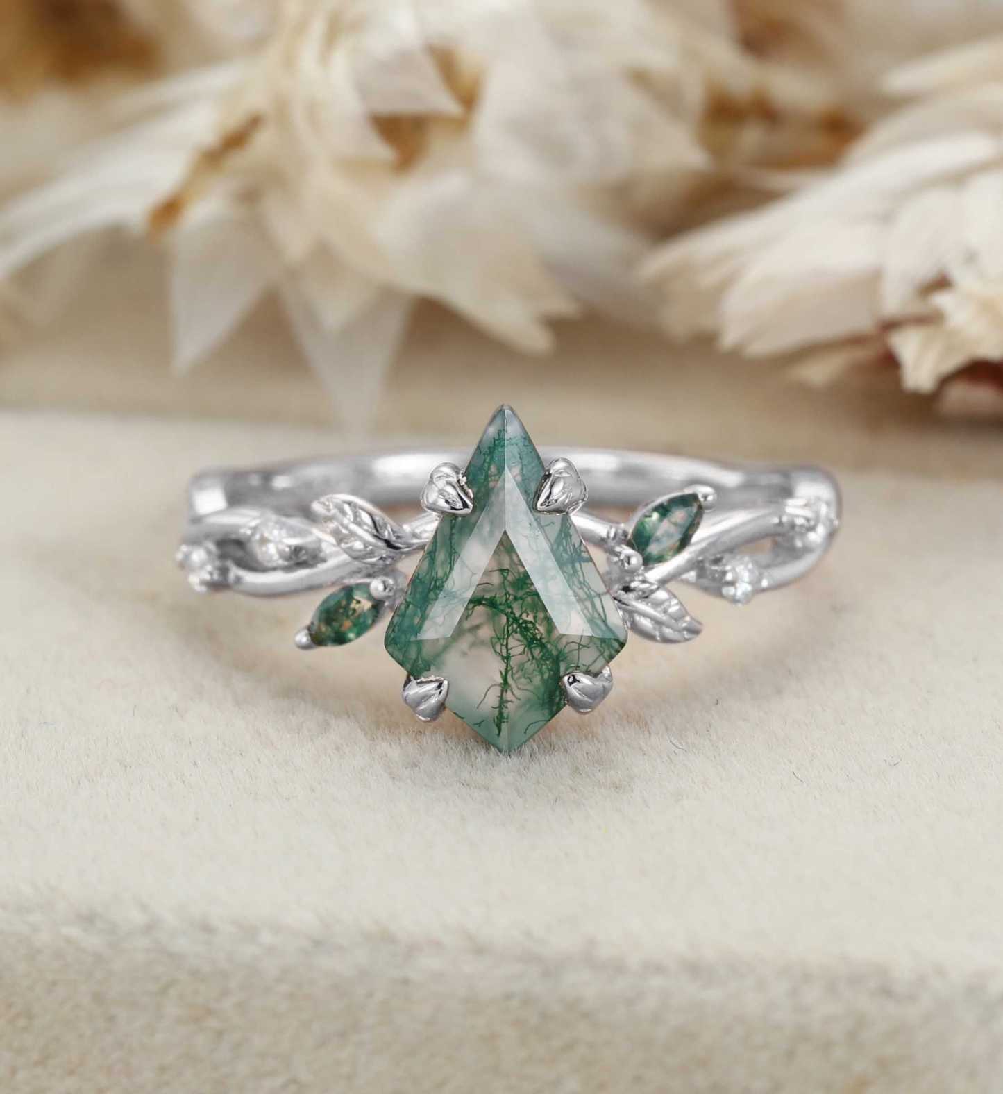 Kite Cut Moss Agate Engagement Ring Leaf Twist Marquise Diamond Rose Gold Band Bridal Promise Anniversary Gift For Her