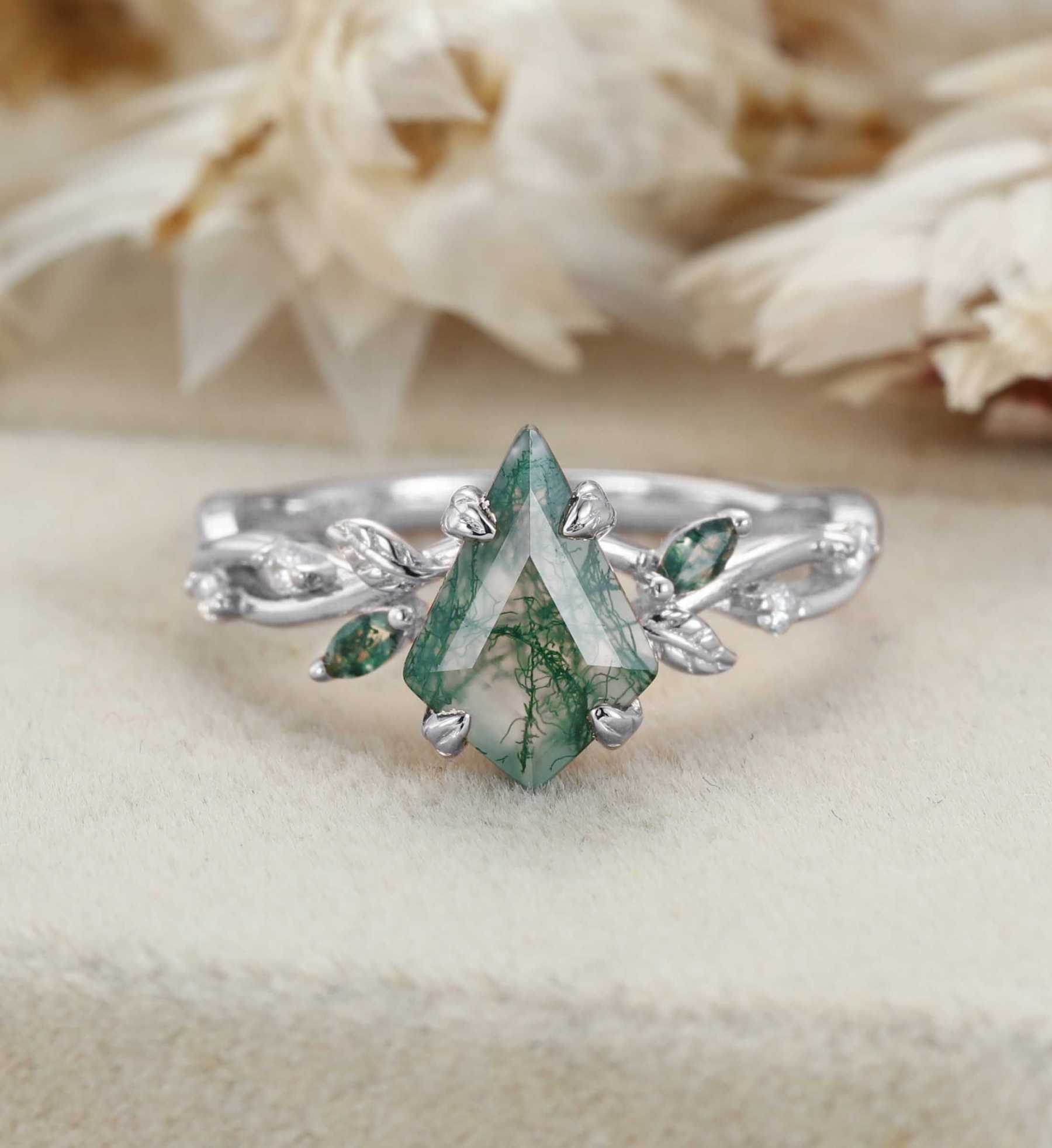 Kite Cut Moss Agate Engagement Ring Leaf Twist Marquise Diamond Rose Gold Band Bridal Promise Anniversary Gift For Her
