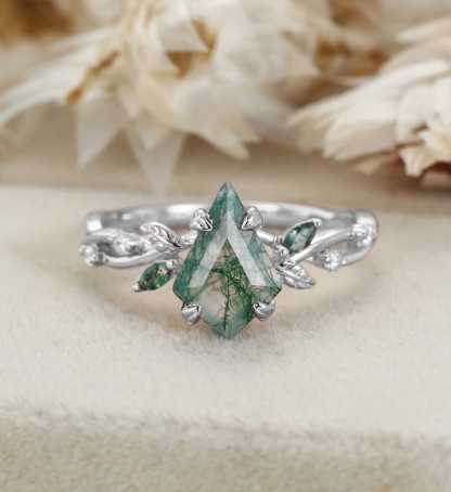 Kite Cut Moss Agate Engagement Ring Leaf Twist Marquise Diamond Rose Gold Band Bridal Promise Anniversary Gift For Her