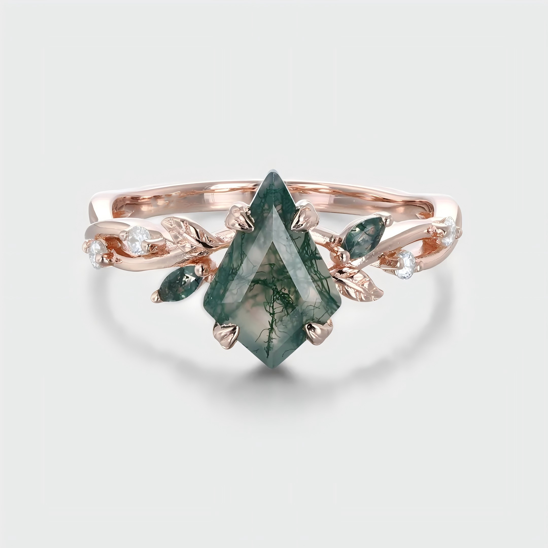 Nature-Inspired Kite Cut Moss Agate and Diamond Promise Ring – 14K Rose Gold Leaf Engagement Ring