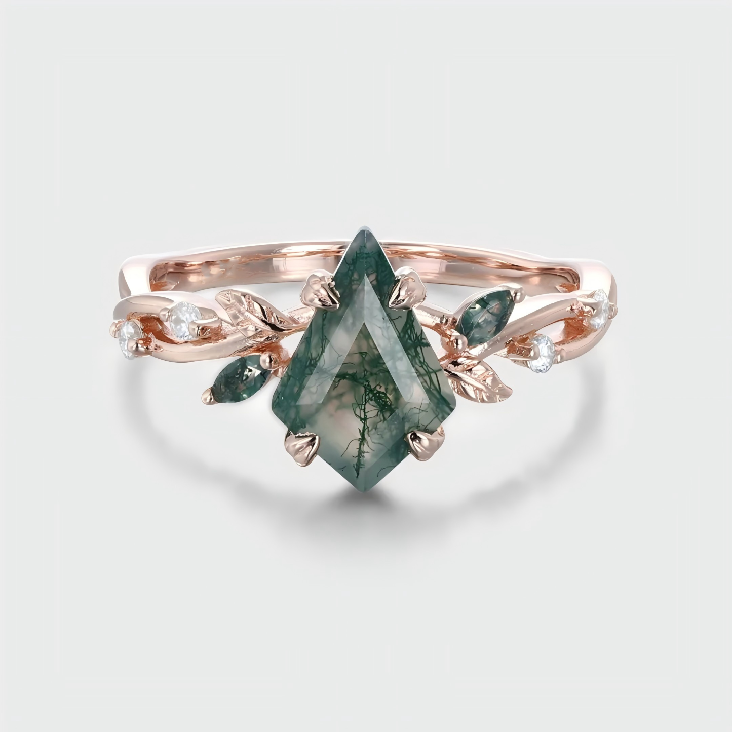 Nature-Inspired Kite Cut Moss Agate and Diamond Promise Ring – 14K Rose Gold Leaf Engagement Ring