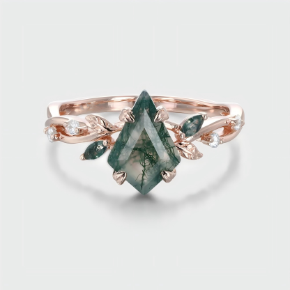 Nature-Inspired Kite Cut Moss Agate and Diamond Promise Ring – 14K Rose Gold Leaf Engagement Ring