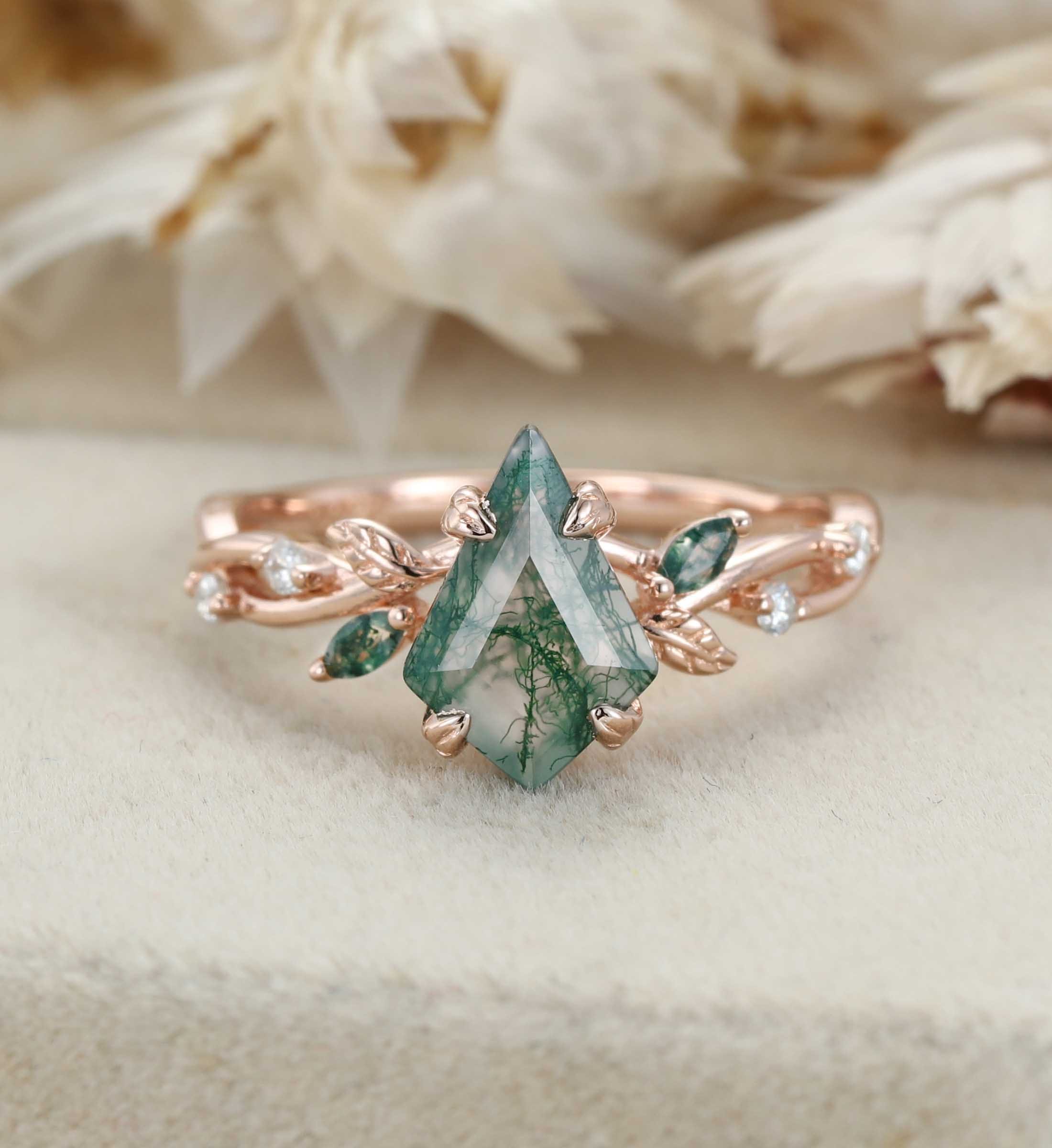 Kite Cut Moss Agate Engagement Ring Leaf Twist Marquise Diamond Rose Gold Band Bridal Promise Anniversary Gift For Her