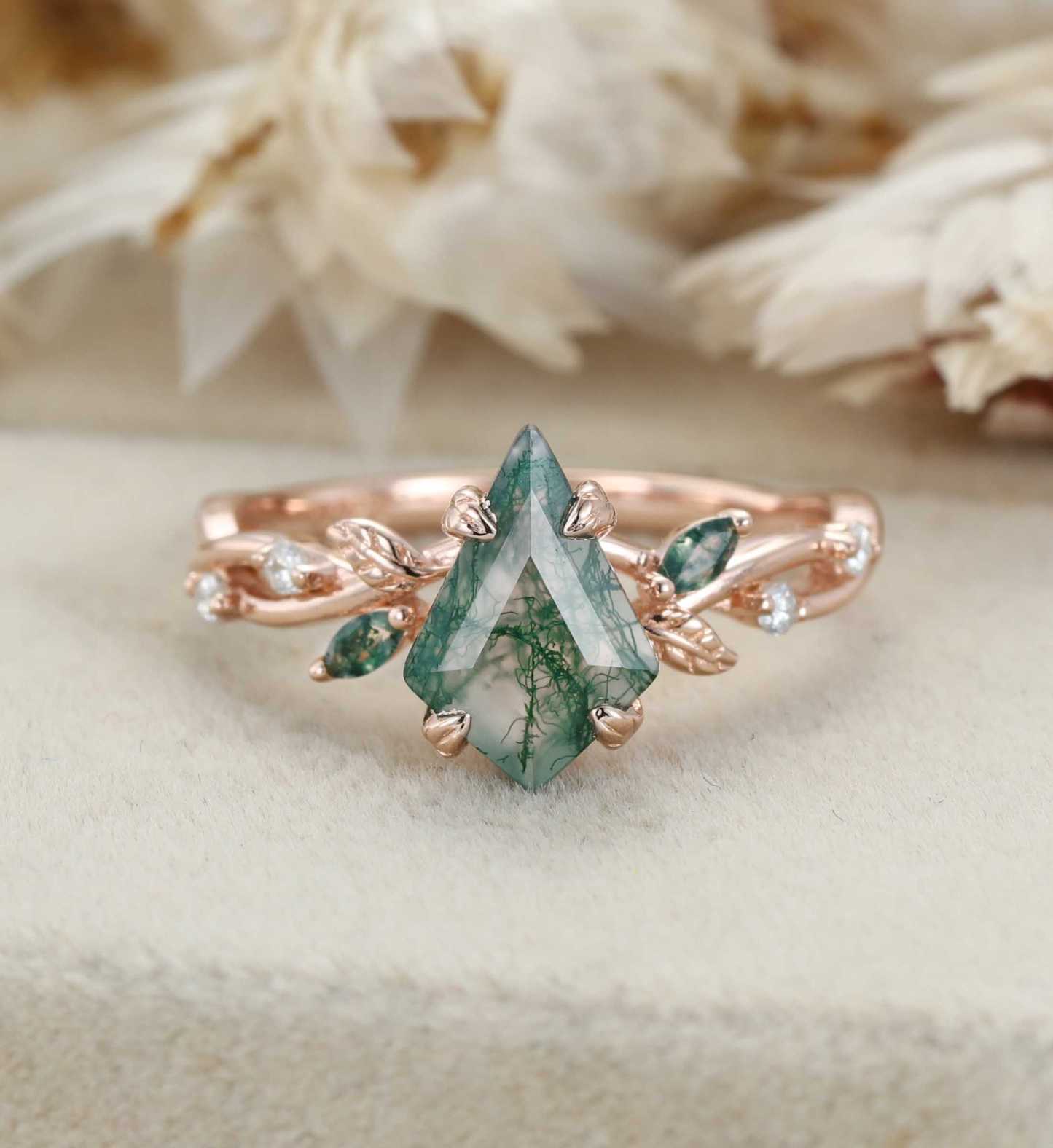 Kite Cut Moss Agate Engagement Ring Leaf Twist Marquise Diamond Rose Gold Band Bridal Promise Anniversary Gift For Her