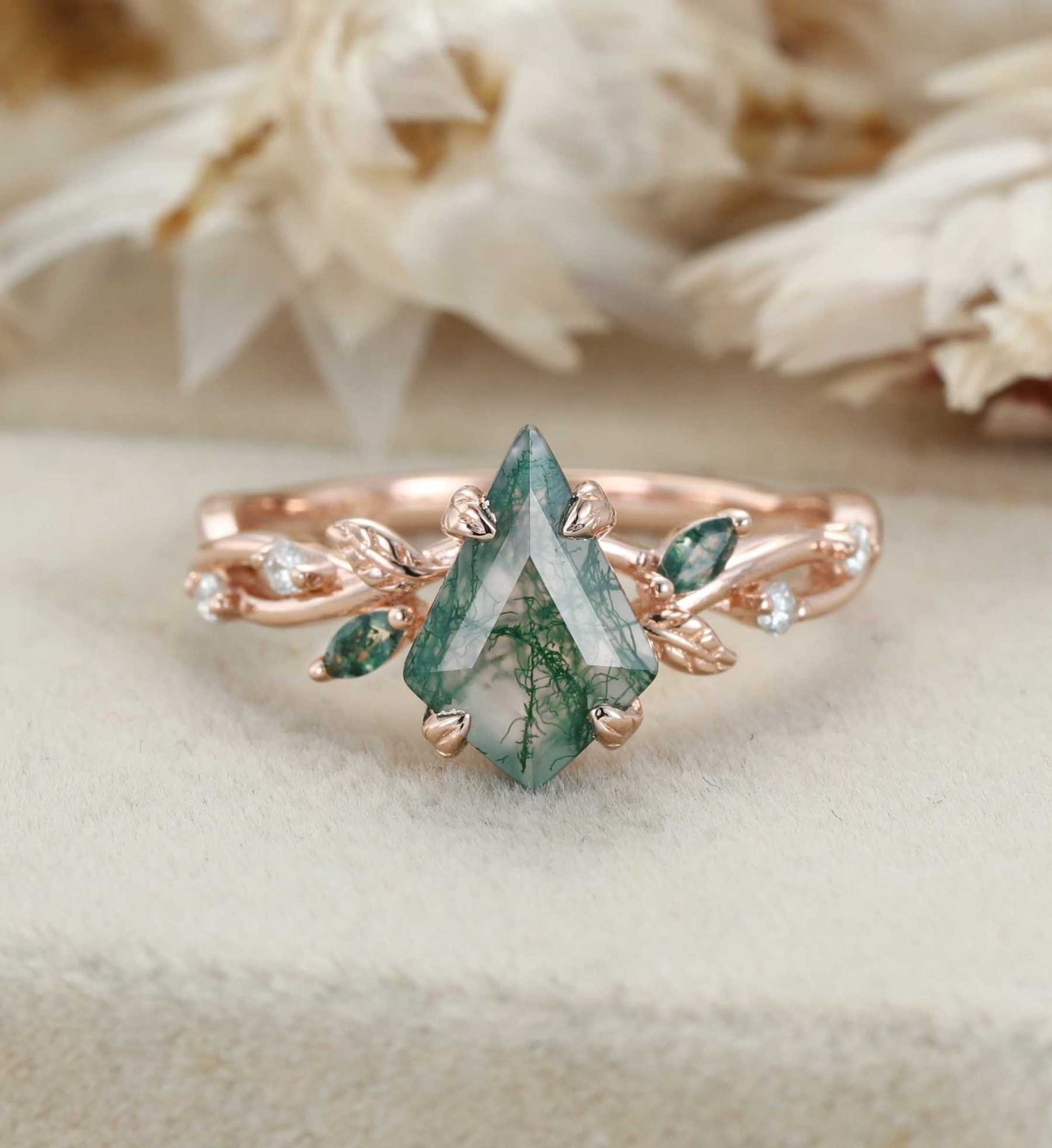 Kite Cut Moss Agate Engagement Ring Leaf Twist Marquise Diamond Rose Gold Band Bridal Promise Anniversary Gift For Her