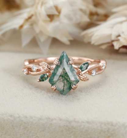 Kite Cut Moss Agate Engagement Ring Leaf Twist Marquise Diamond Rose Gold Band Bridal Promise Anniversary Gift For Her