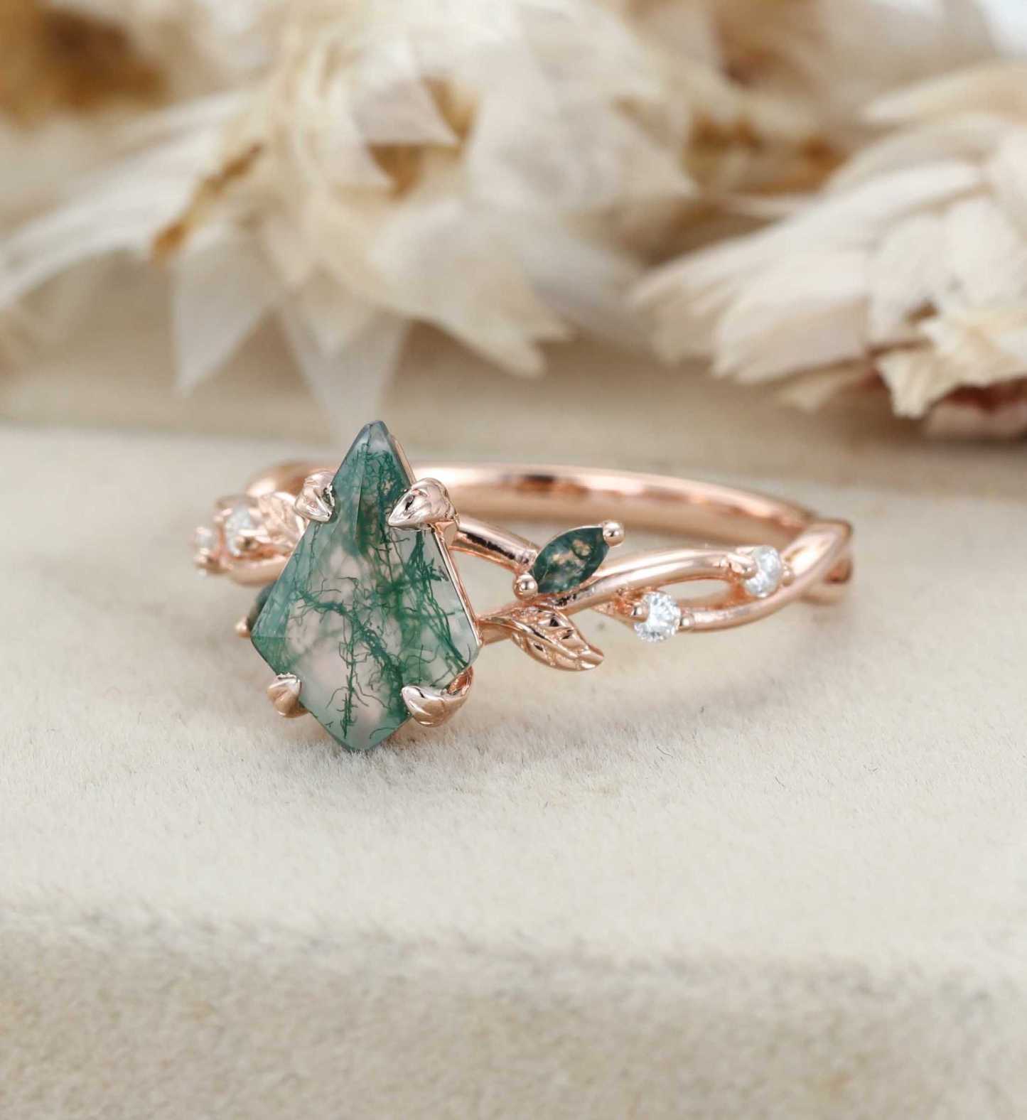 Kite Cut Moss Agate Engagement Ring Leaf Twist Marquise Diamond Rose Gold Band Bridal Promise Anniversary Gift For Her