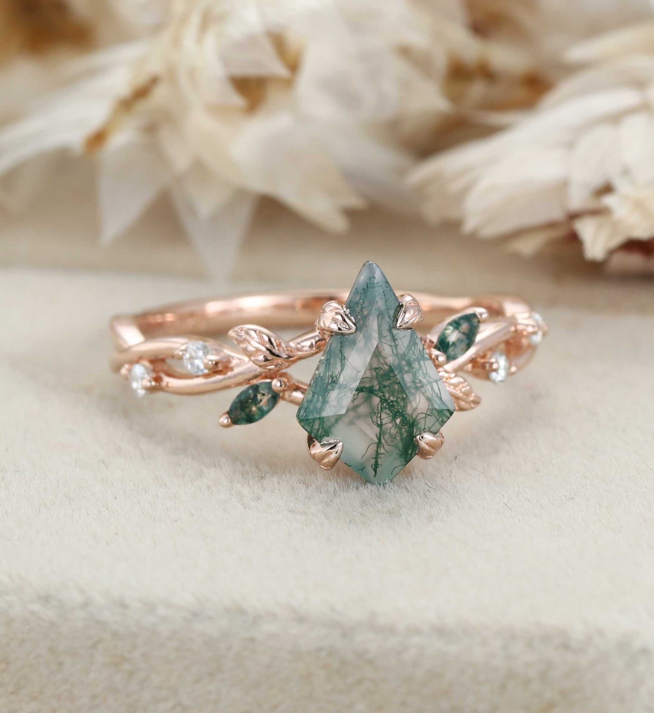 Kite Cut Moss Agate Engagement Ring Leaf Twist Marquise Diamond Rose Gold Band Bridal Promise Anniversary Gift For Her