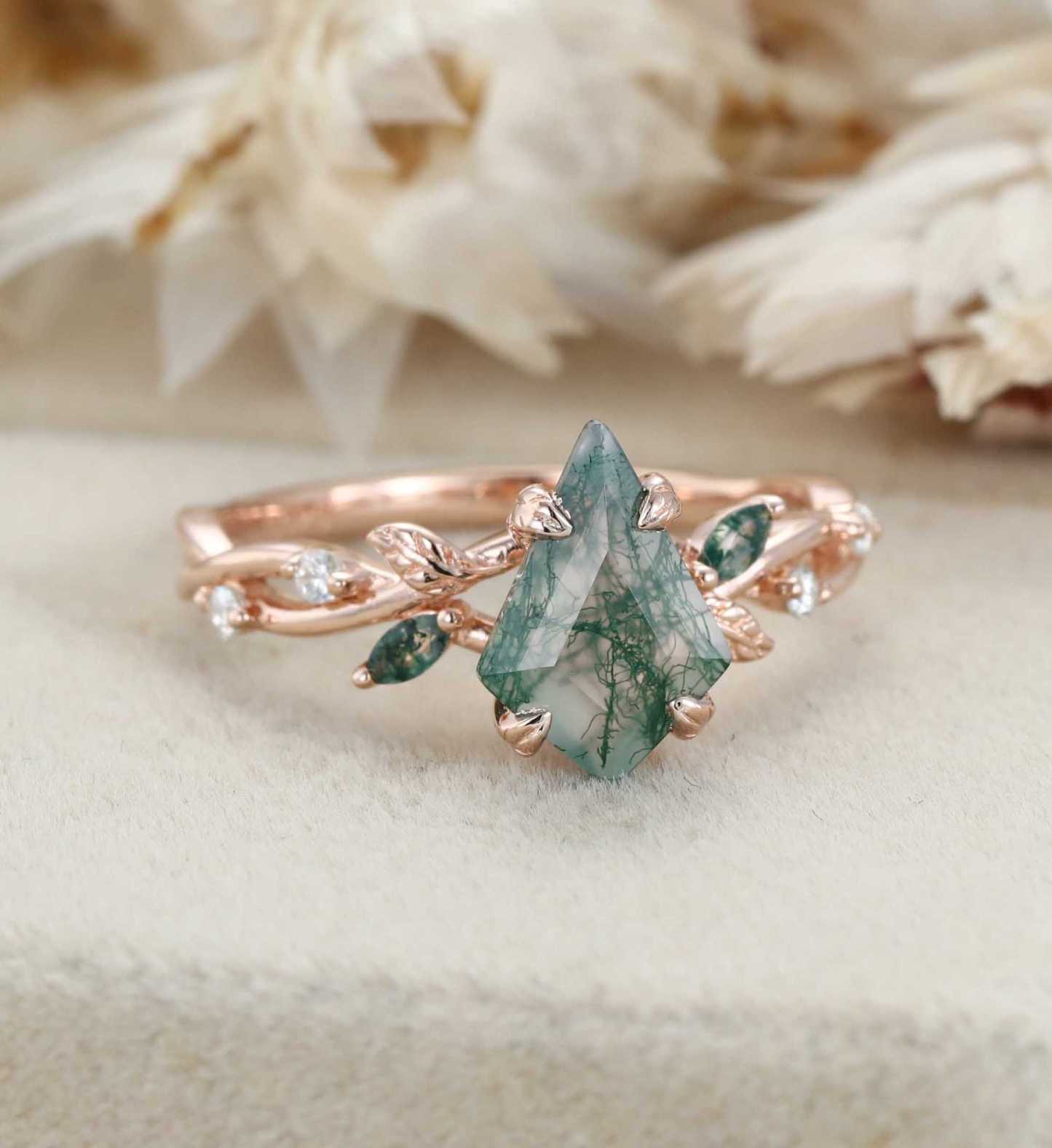 Kite Cut Moss Agate Engagement Ring Leaf Twist Marquise Diamond Rose Gold Band Bridal Promise Anniversary Gift For Her