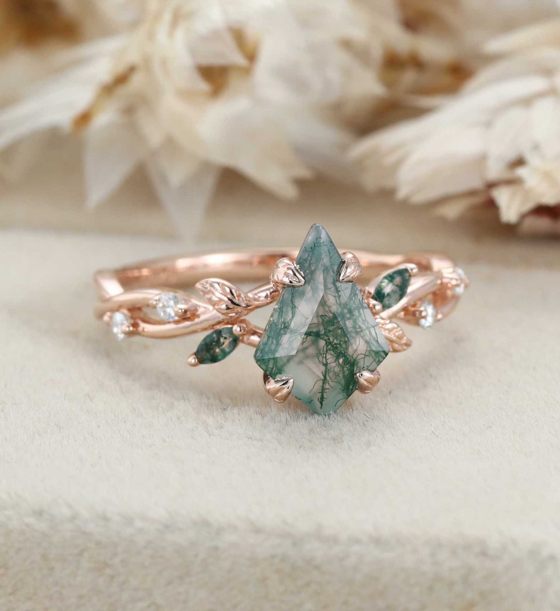 Kite Cut Moss Agate Engagement Ring Leaf Twist Marquise Diamond Rose Gold Band Bridal Promise Anniversary Gift For Her