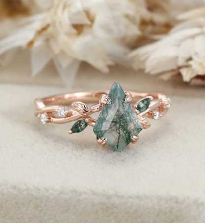 Kite Cut Moss Agate Engagement Ring Leaf Twist Marquise Diamond Rose Gold Band Bridal Promise Anniversary Gift For Her