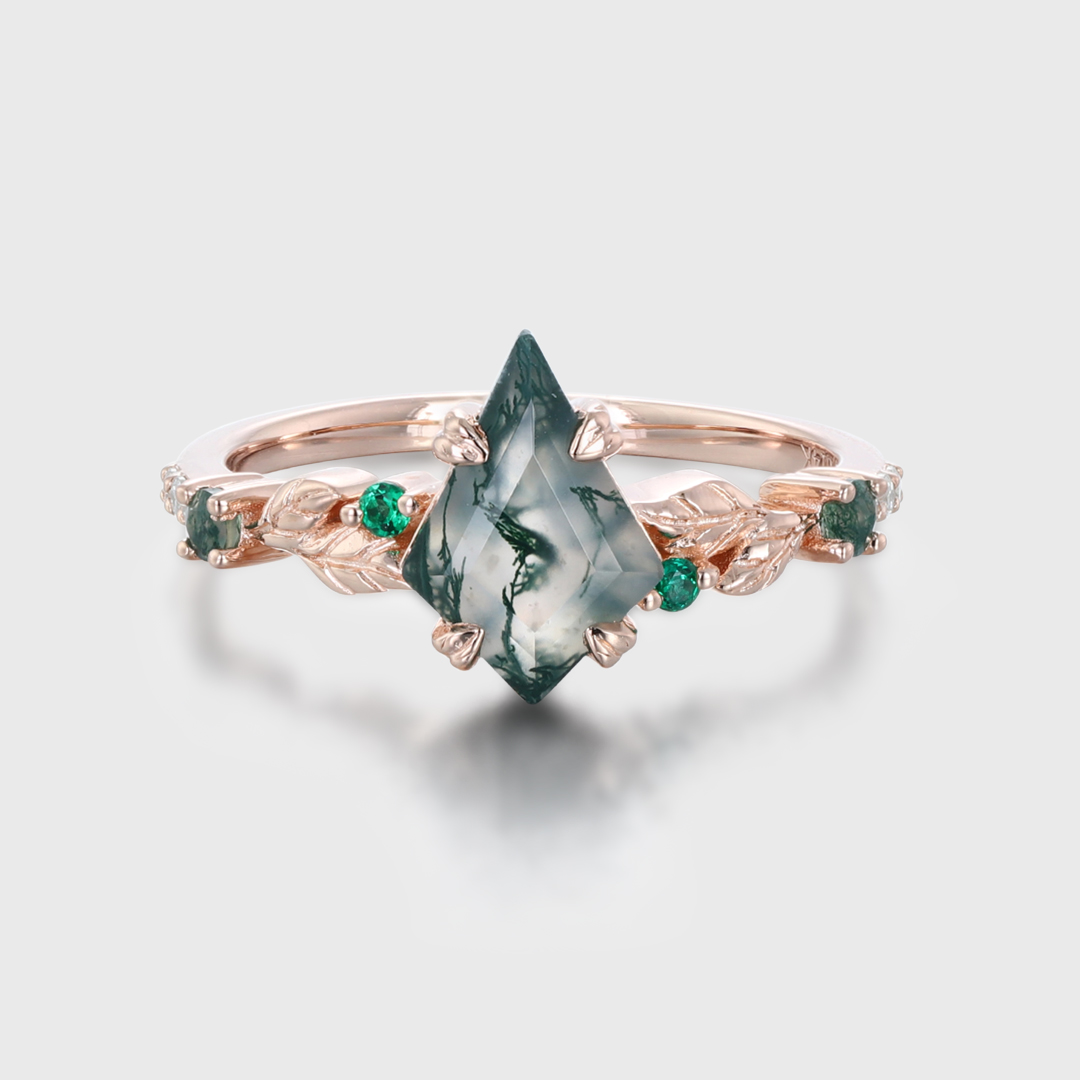Kite Cut Moss Agate and Emerald Promise Ring with Rose Gold Leaf and Vine Design, Unique Art Deco Anniversary Gift