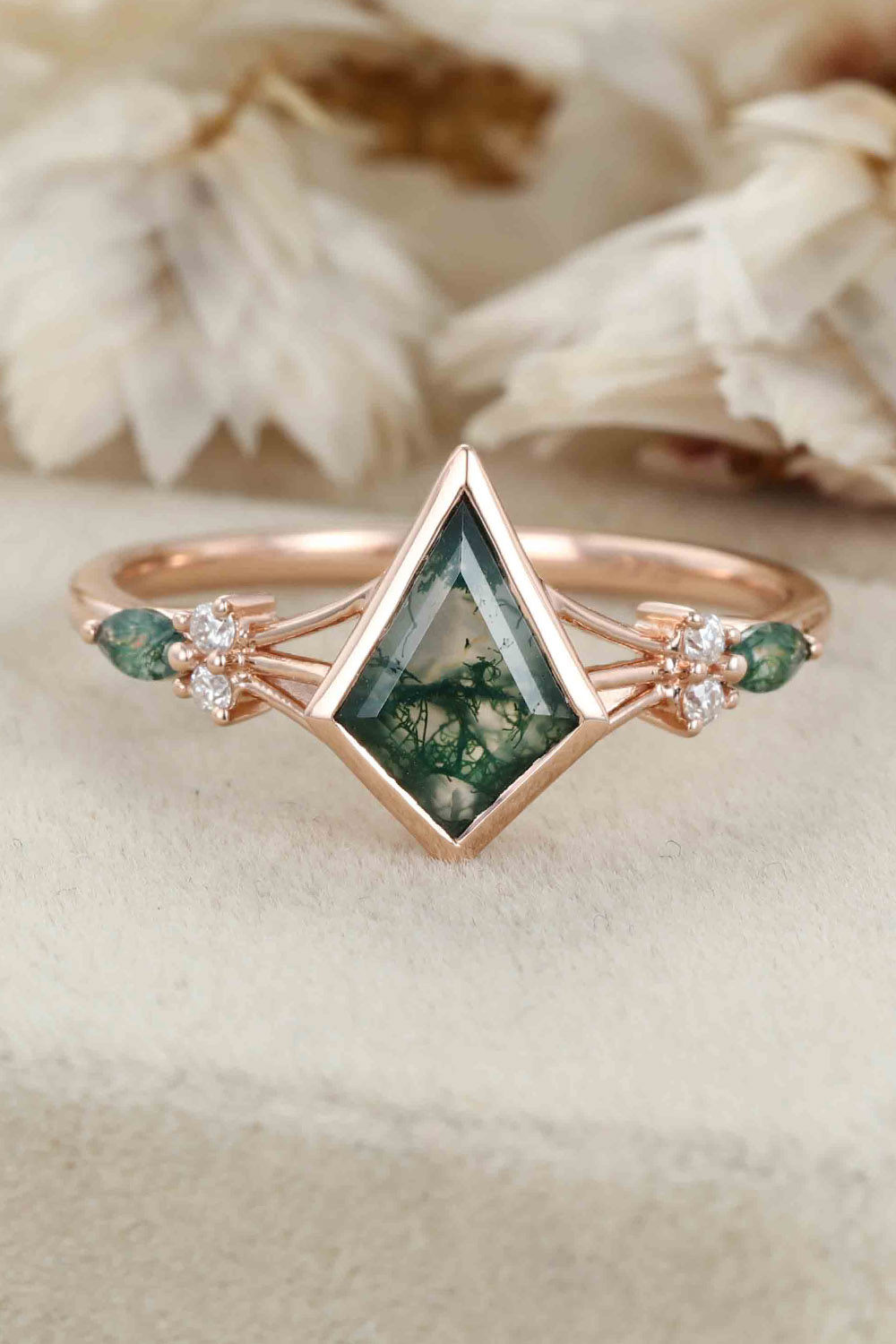 Unique Kite Cut Green Moss Agate Engagement Ring Set 14k Rose Gold Moissanite Wedding Ring Set Gift