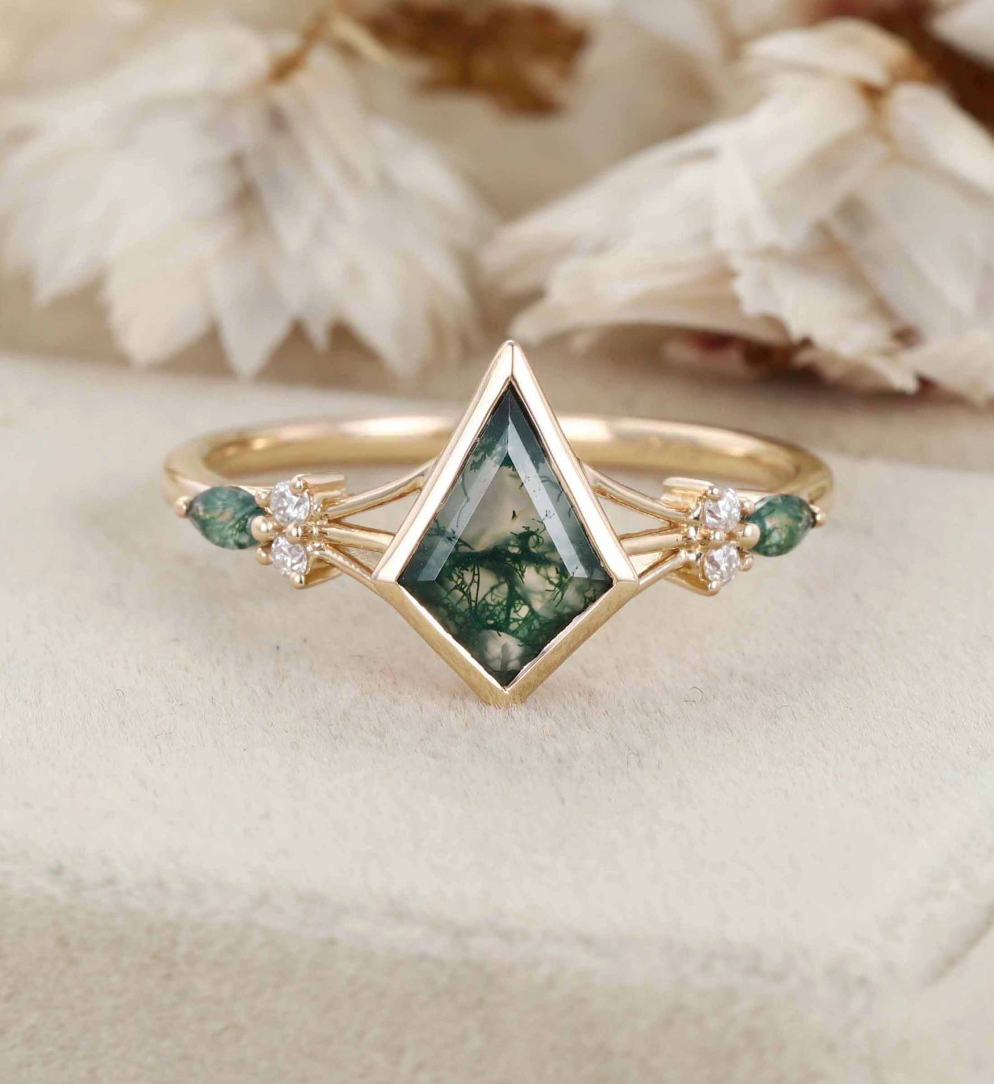 Unique Kite Cut Green Moss Agate Engagement Ring Set 14k Rose Gold Moissanite Wedding Ring Set Gift