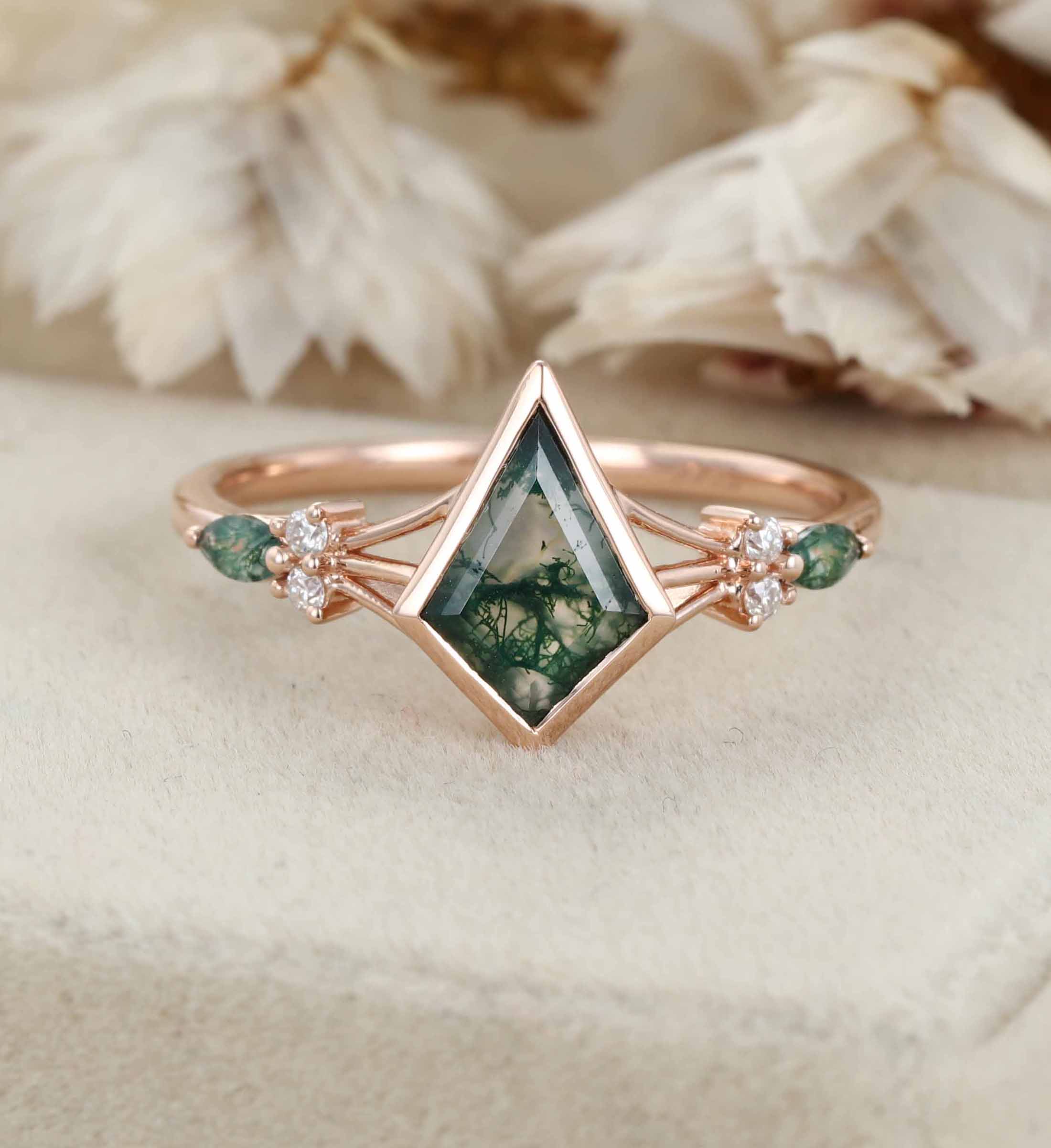 Unique Kite Cut Green Moss Agate Engagement Ring Set 14k Rose Gold Moissanite Wedding Ring Set Gift