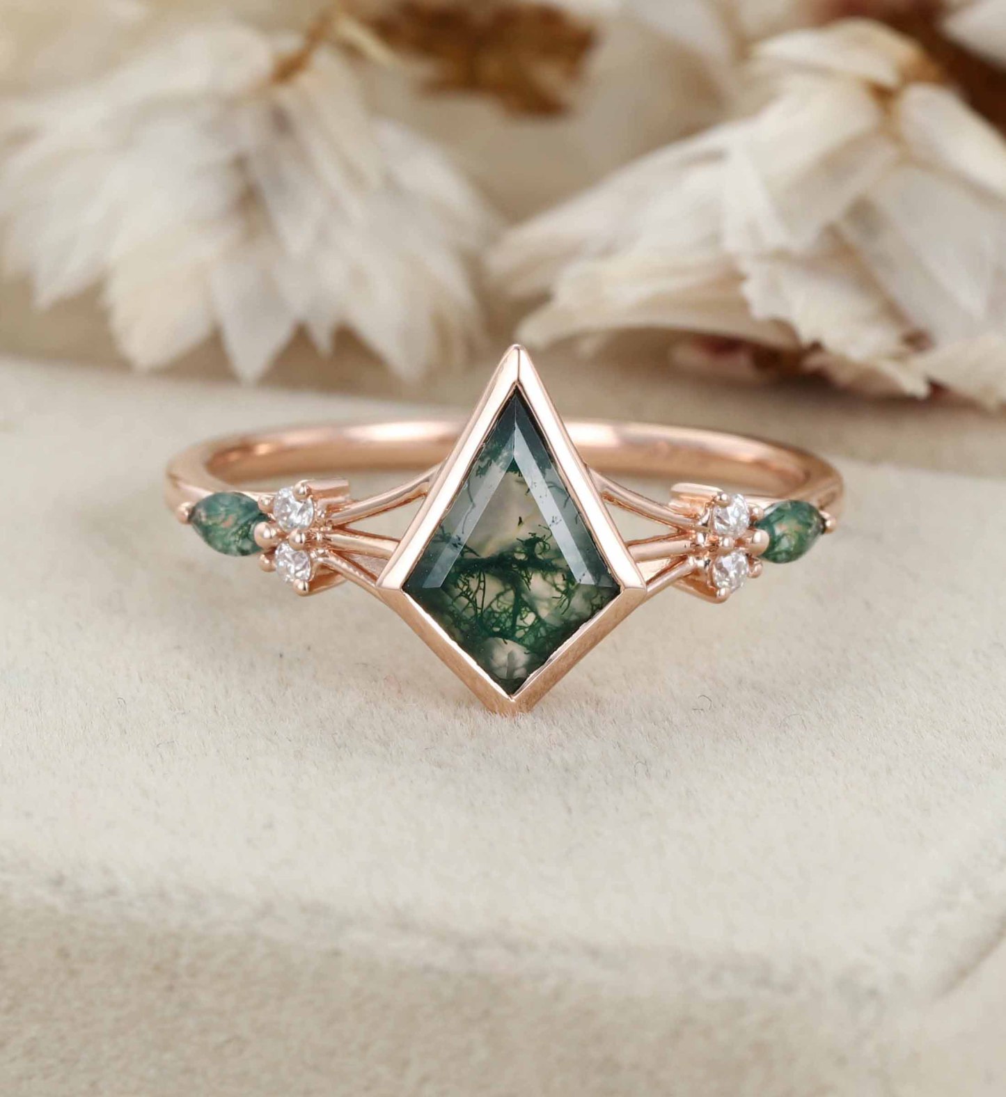 Unique Kite Cut Green Moss Agate Engagement Ring Set 14k Rose Gold Moissanite Wedding Ring Set Gift