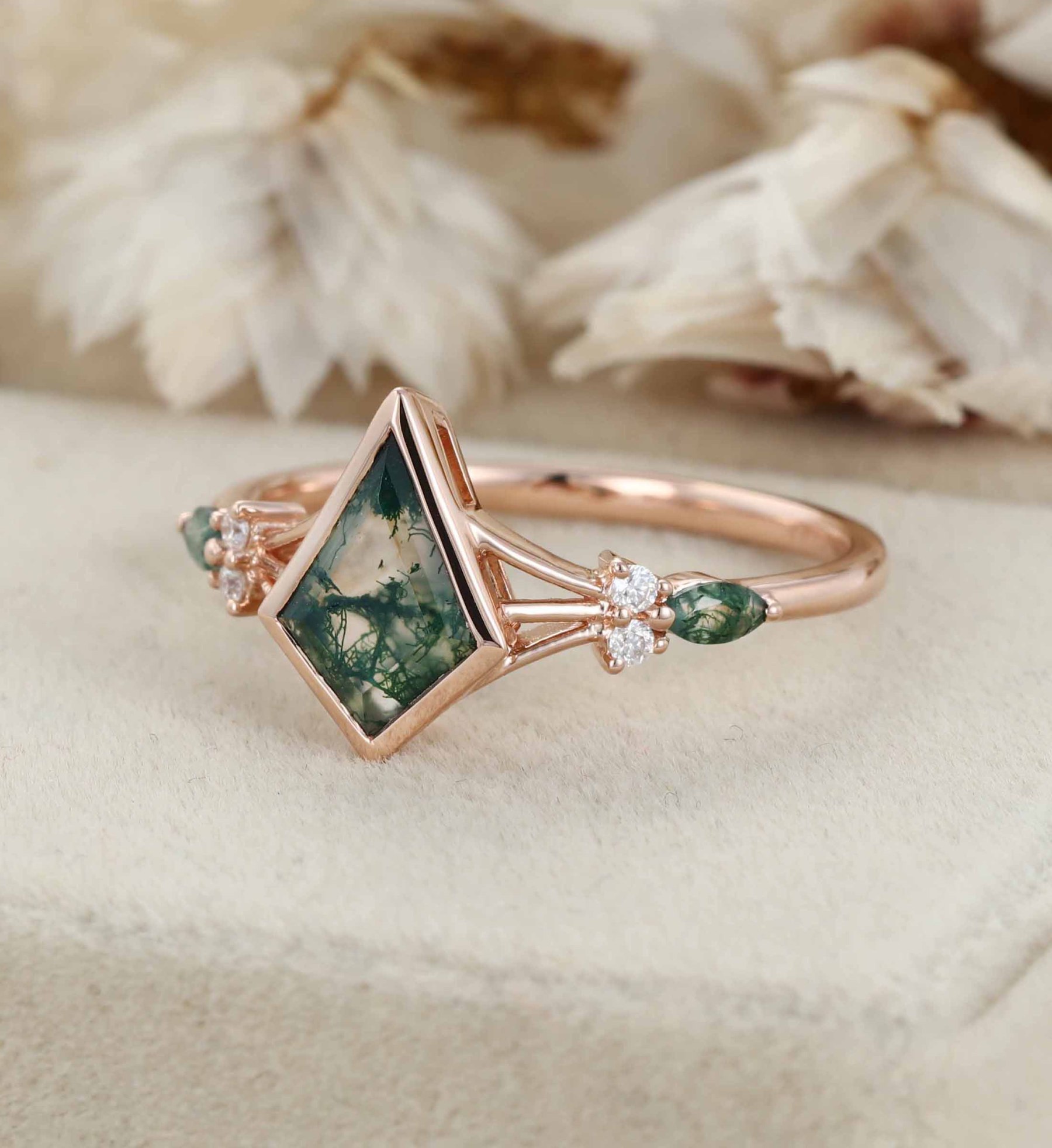 Unique Kite Cut Green Moss Agate Engagement Ring Set 14k Rose Gold Moissanite Wedding Ring Set Gift