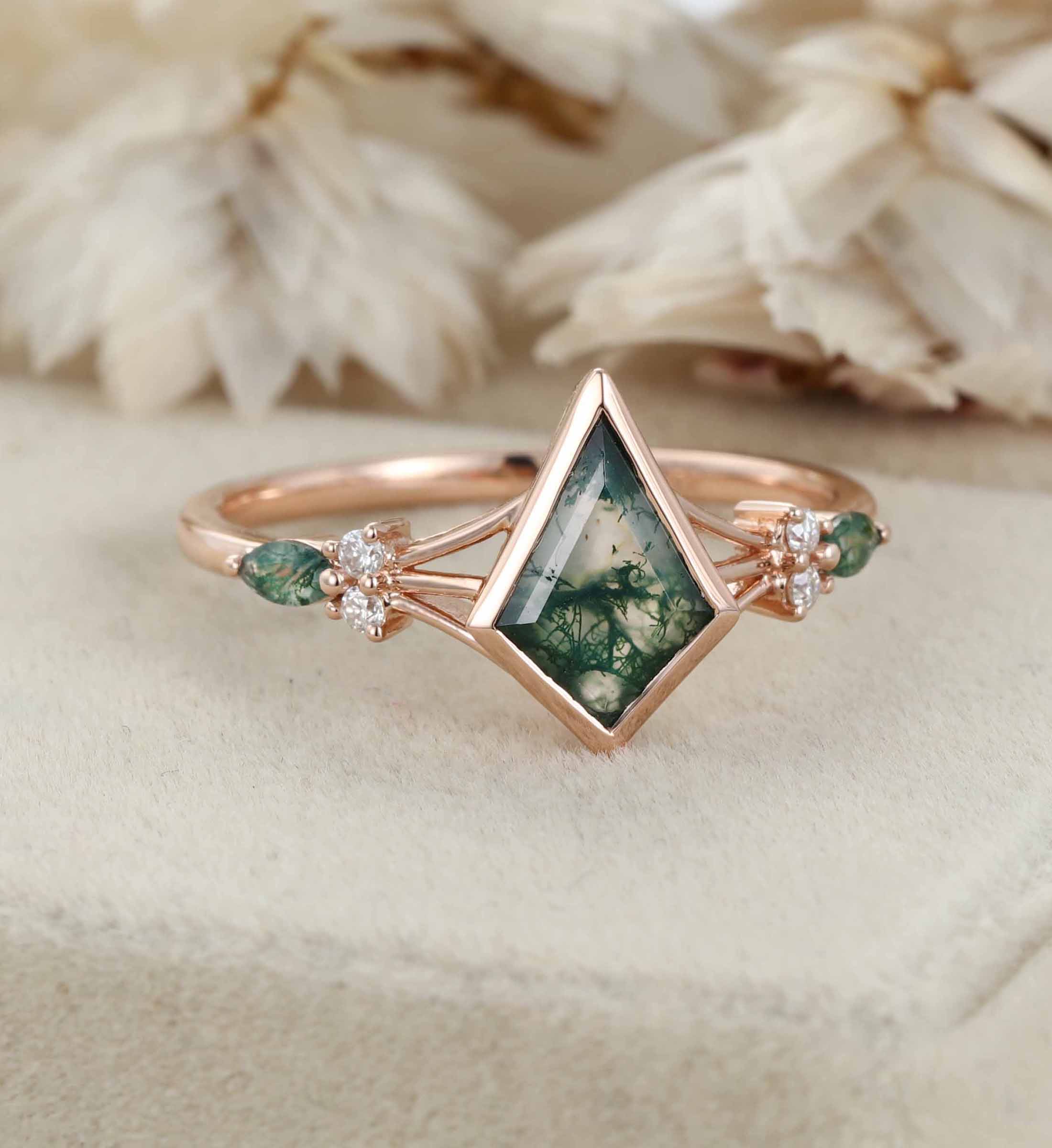 Unique Kite Cut Green Moss Agate Engagement Ring Set 14k Rose Gold Moissanite Wedding Ring Set Gift
