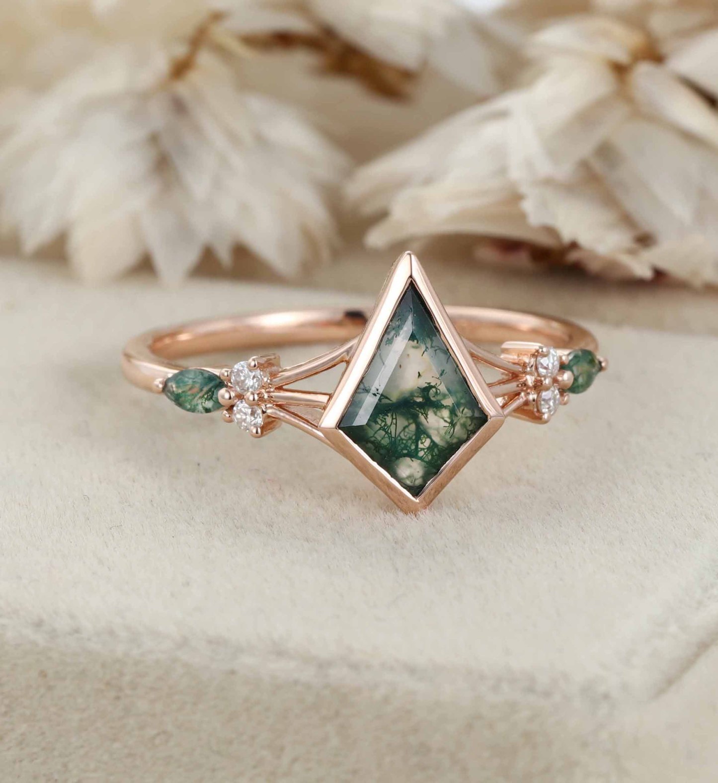 Unique Kite Cut Green Moss Agate Engagement Ring Set 14k Rose Gold Moissanite Wedding Ring Set Gift