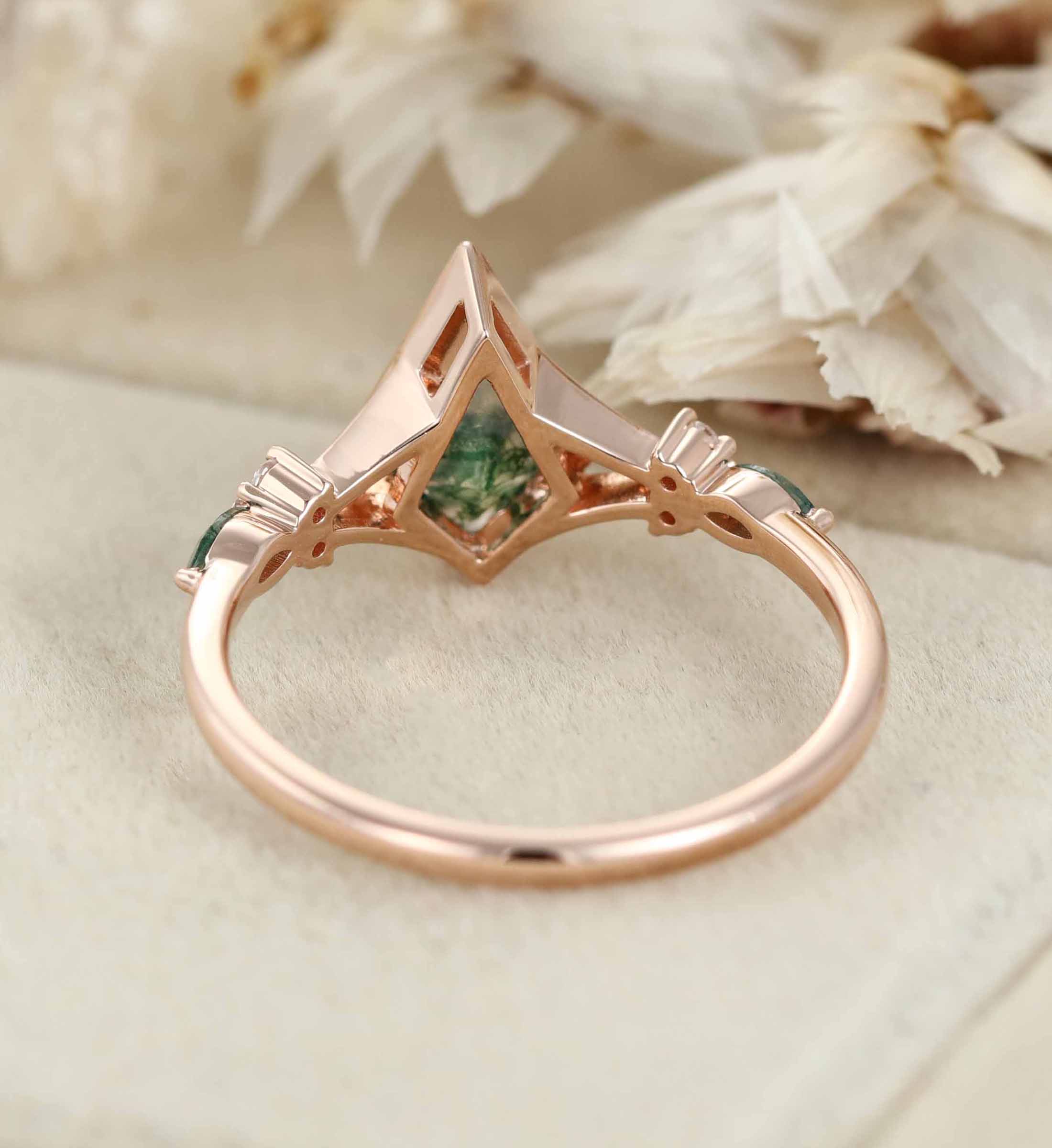 Unique Kite Cut Green Moss Agate Engagement Ring Set 14k Rose Gold Moissanite Wedding Ring Set Gift