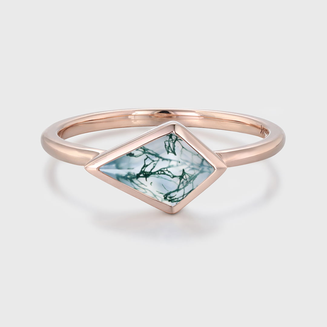 Kite Cut Natural Moss Agate East West Ring Minimalist Bezel Engagement Ring 14K Solid Gold Ring