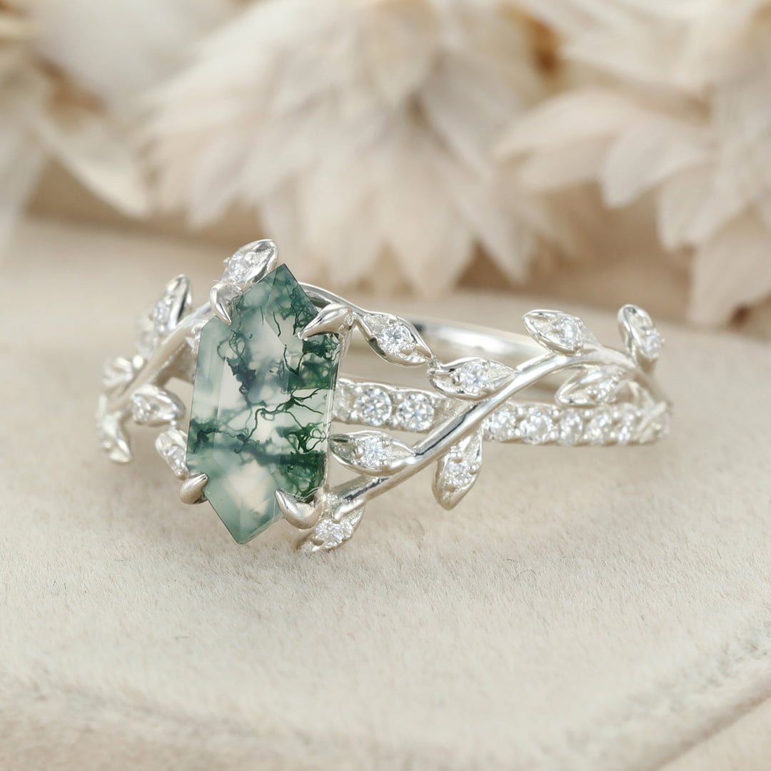 Nature-Inspired Twist Leaf Hexagon Cut Moss Agate Diamond