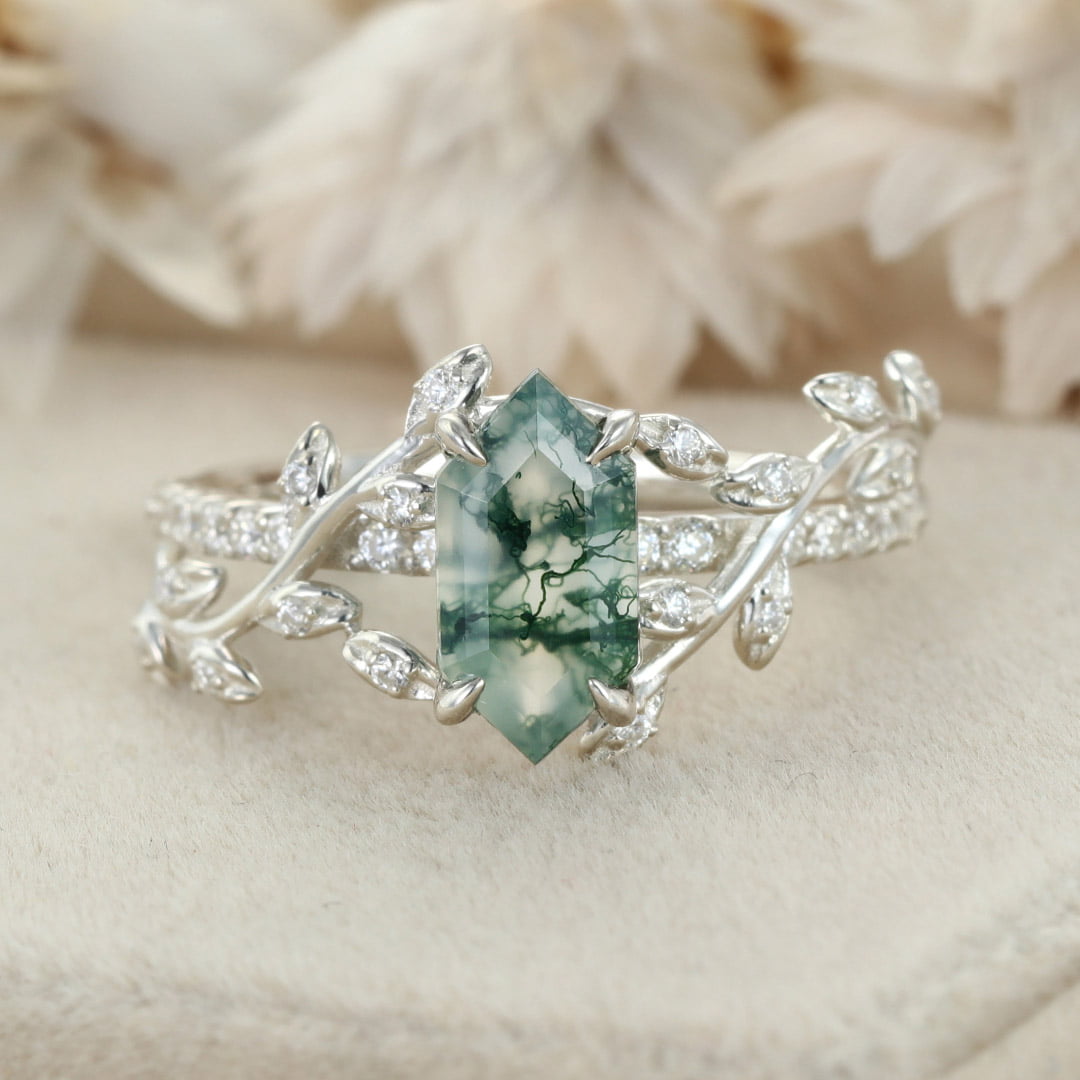 Kite Cut Natural Moss Agate Engagement Ring 14K White Gold Twist Leaf Diamond Wedding Ring