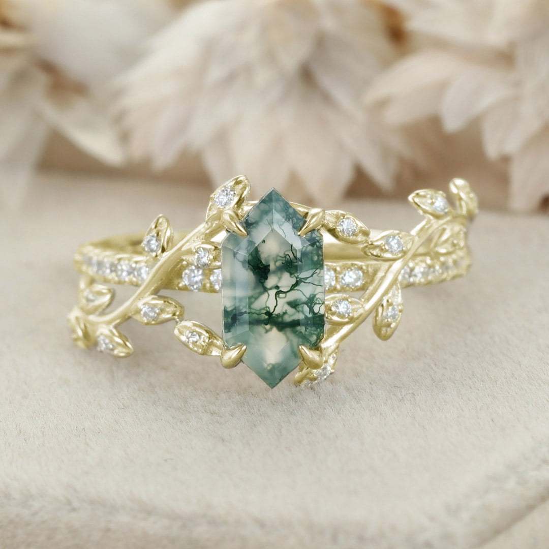 Kite Cut Natural Moss Agate Engagement Ring 14K White Gold Twist Leaf Diamond Wedding Ring