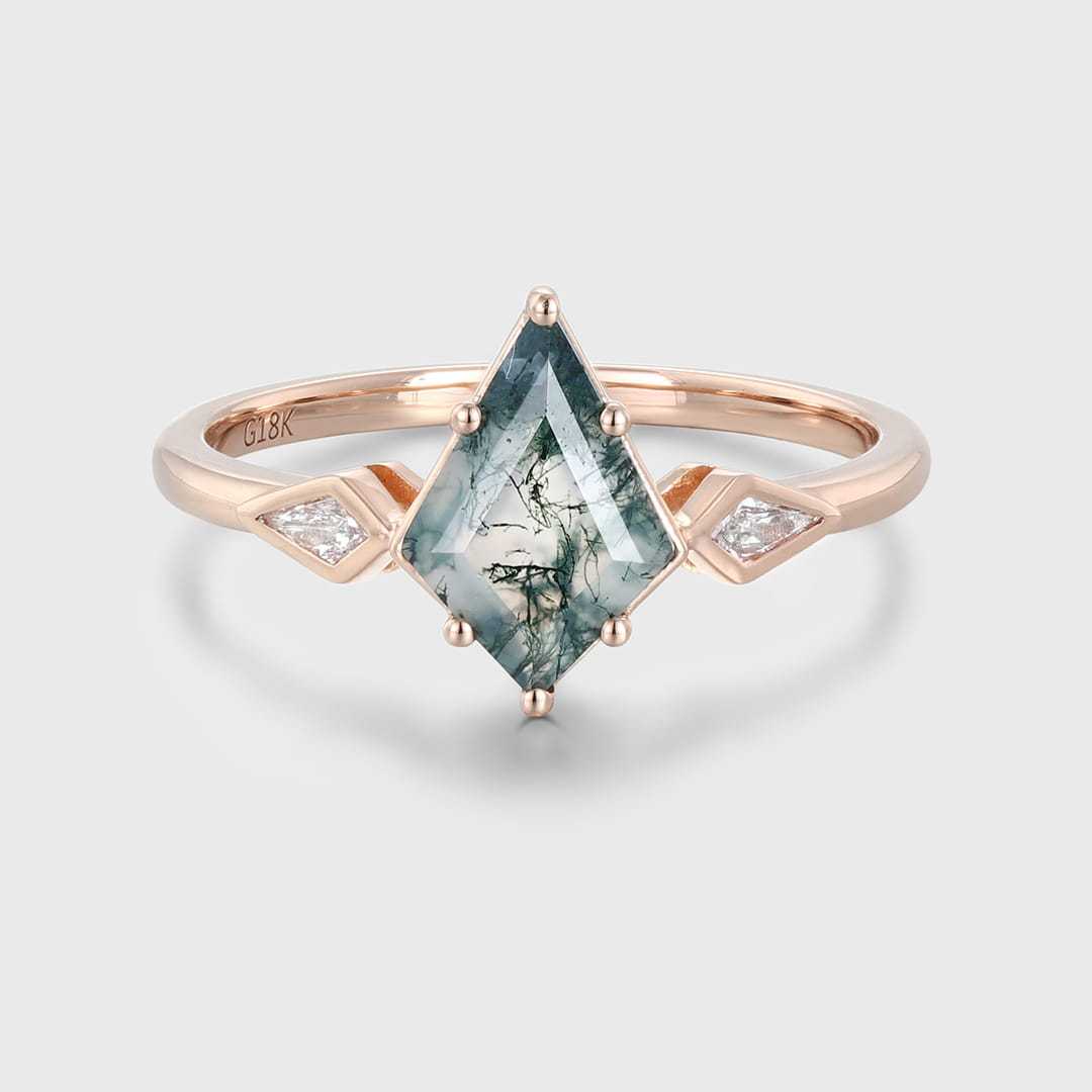 Kite Cut Natural Moss Agate Engagement Ring Unique Kite Cut Bezel Set Moissanite Wedding Ring 14K Solid Gold Ring Bridal Promise Anniversary Gift