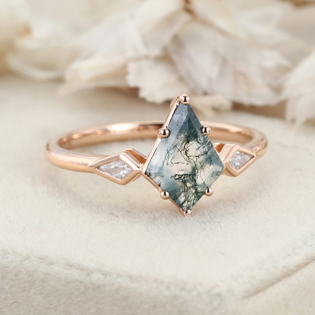 Kite Cut Natural Moss Agate Engagement Ring Unique Kite Cut Bezel Set Moissanite Wedding Ring 14K Solid Gold Ring Bridal Promise Anniversary Gift