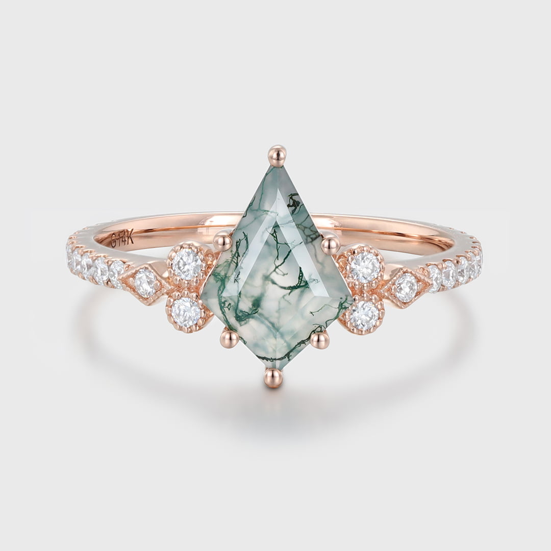 Kite Cut Natural Moss Agate Engagement Ring Vintage 14K Rose Gold Moissanite Wedding Ring Promise Anniversary Gift for Women
