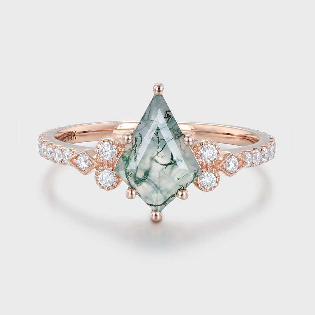 Kite Cut Natural Moss Agate Engagement Ring Vintage 14K Rose Gold Moissanite Wedding Ring Promise Anniversary Gift for Women